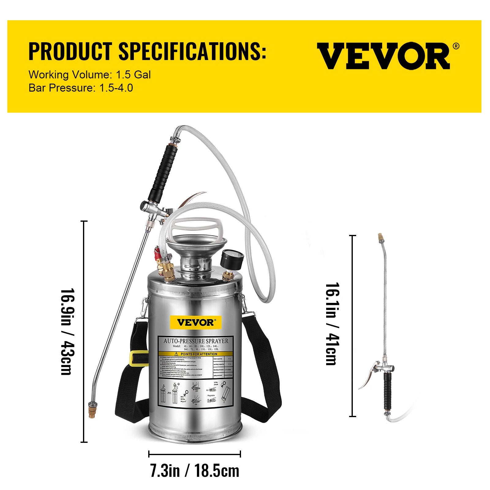 1.5Gal Stainless Steel Sprayer with 16" Wand Handle 3.3FT Hose Adjustable Nozzle
