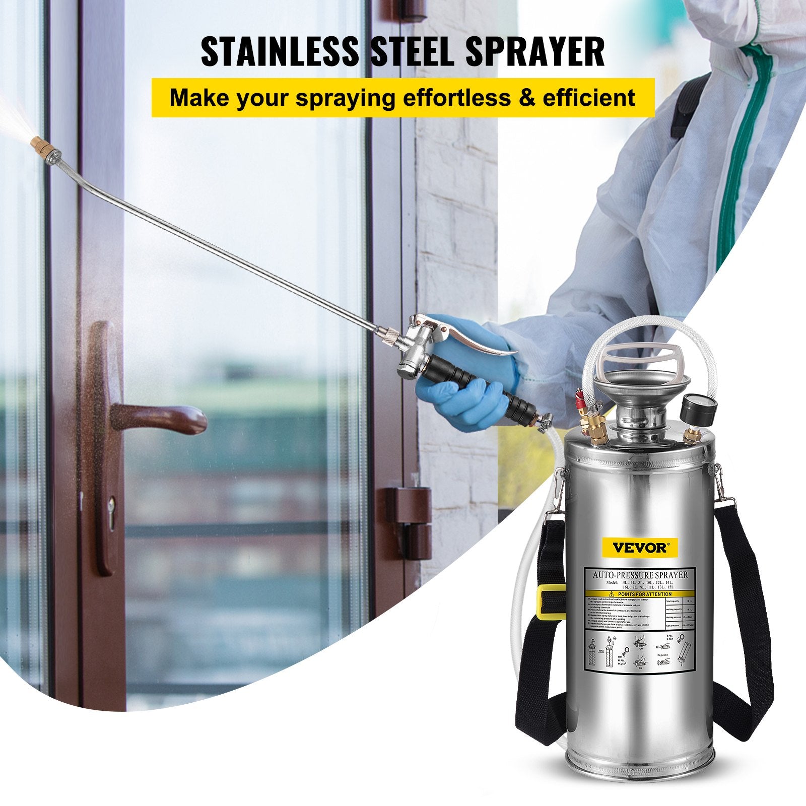 2Gal Stainless Steel Sprayer with 20" Wand, 3FT Hose, Pump, Gauge & Safety Valve
