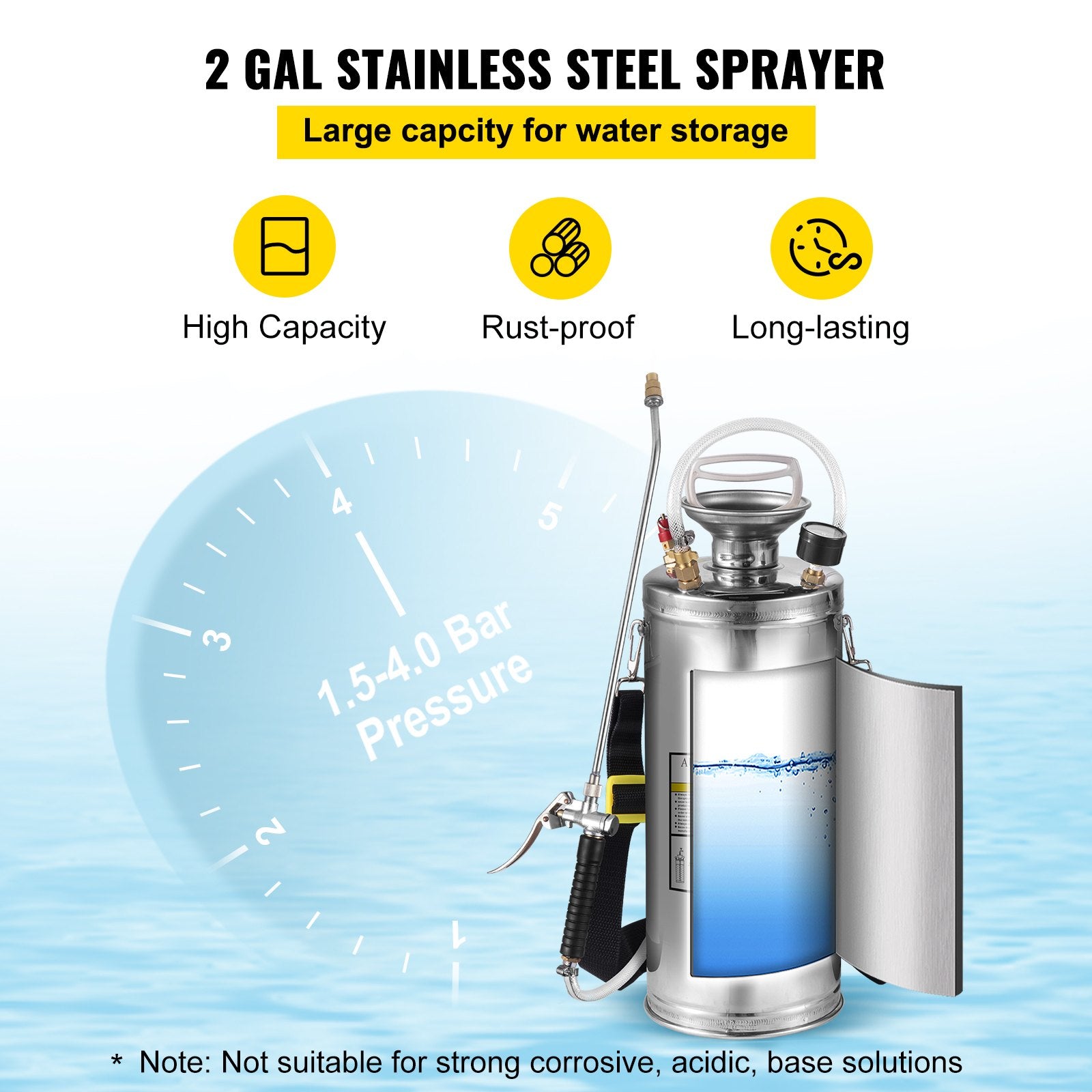 2Gal Stainless Steel Sprayer with 20" Wand, 3FT Hose, Pump, Gauge & Safety Valve