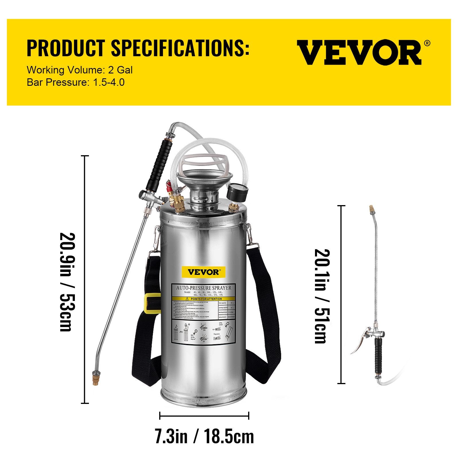 2Gal Stainless Steel Sprayer with 20" Wand, 3FT Hose, Pump, Gauge & Safety Valve