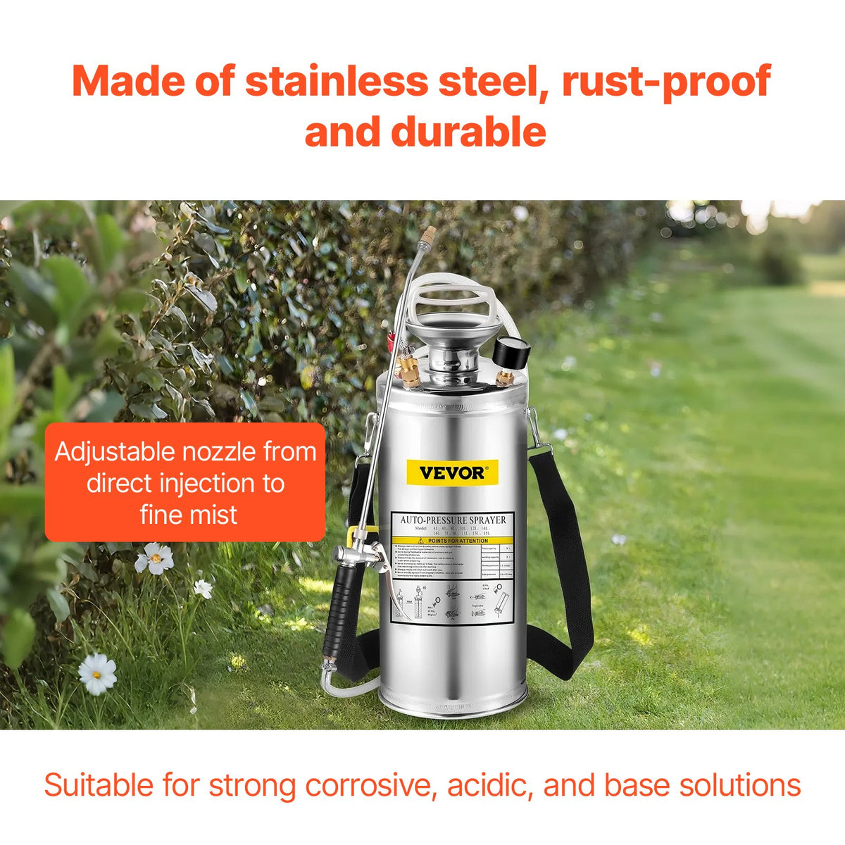 2Gal Stainless Steel Sprayer with 20" Wand, 3FT Hose, Pump, Gauge & Safety Valve