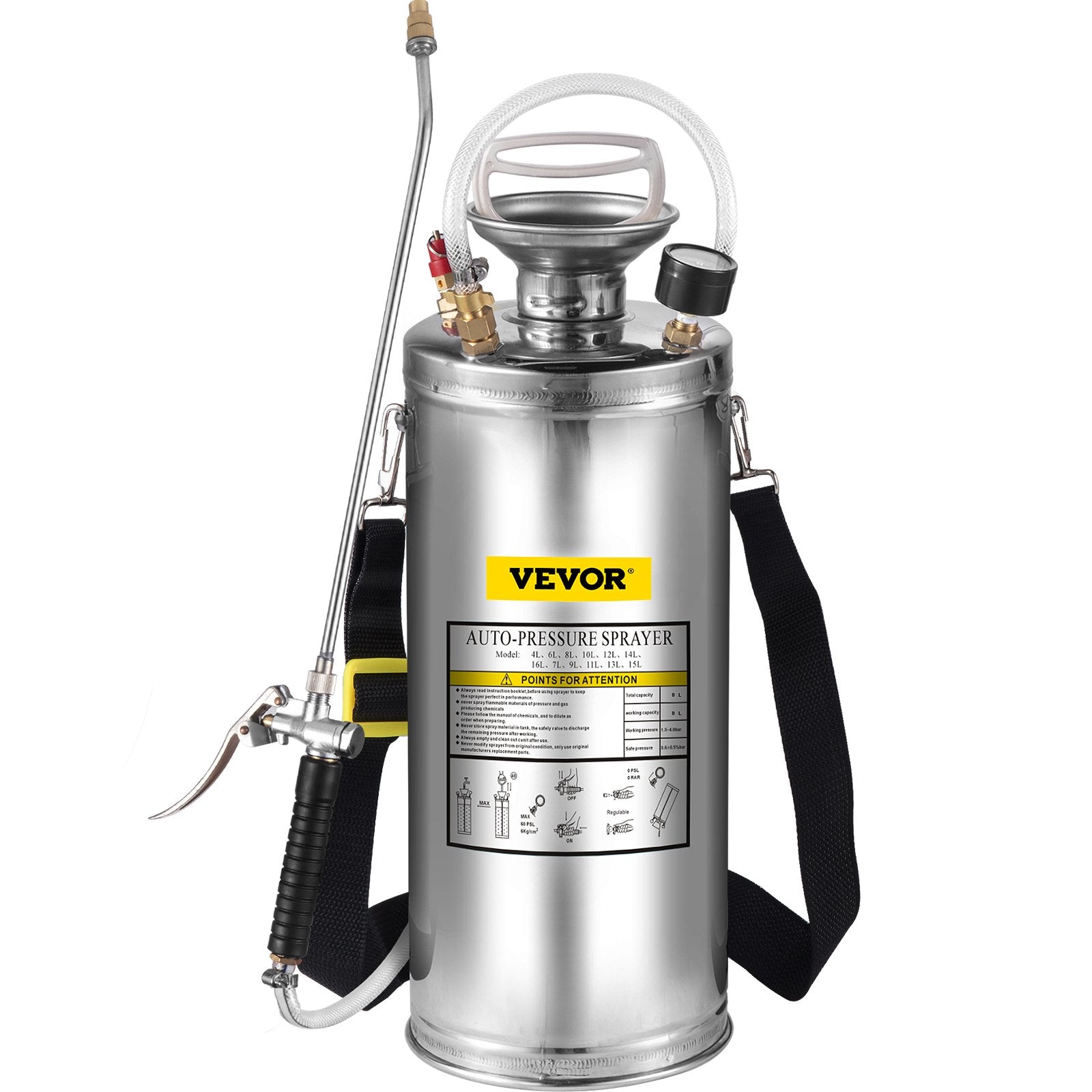 2Gal Stainless Steel Sprayer with 20" Wand, 3FT Hose, Pump, Gauge & Safety Valve