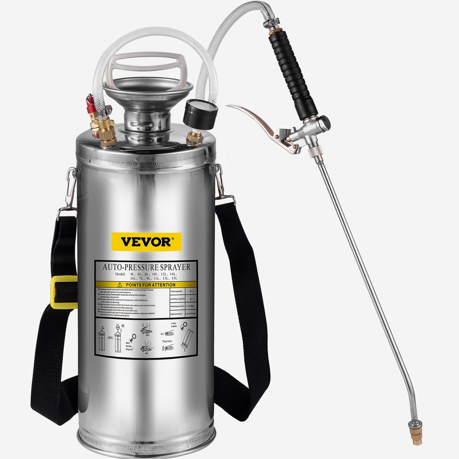 2Gal Stainless Steel Sprayer with 20" Wand, 3FT Hose, Pump, Gauge & Safety Valve
