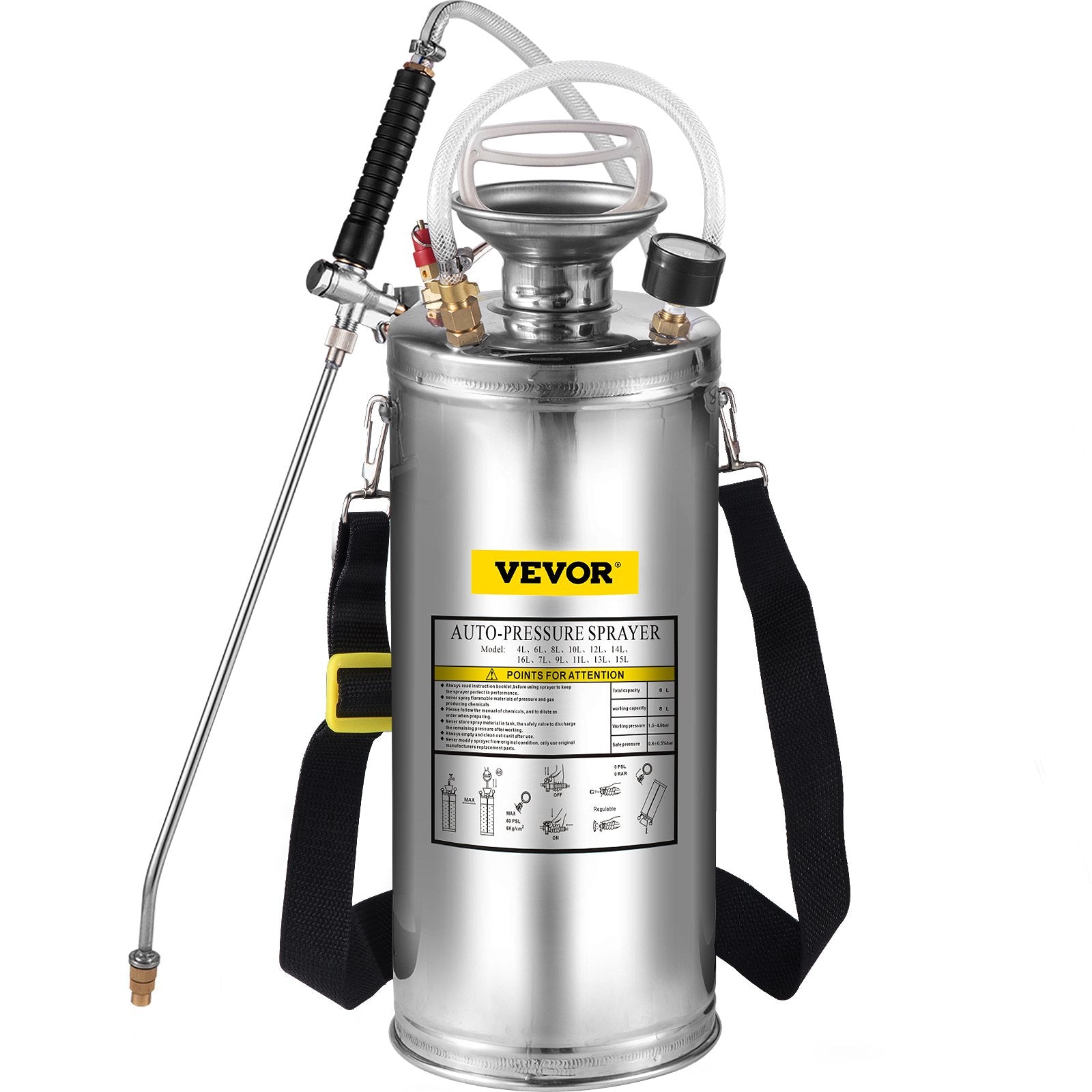 2Gal Stainless Steel Sprayer with 20" Wand, 3FT Hose, Pump, Gauge & Safety Valve