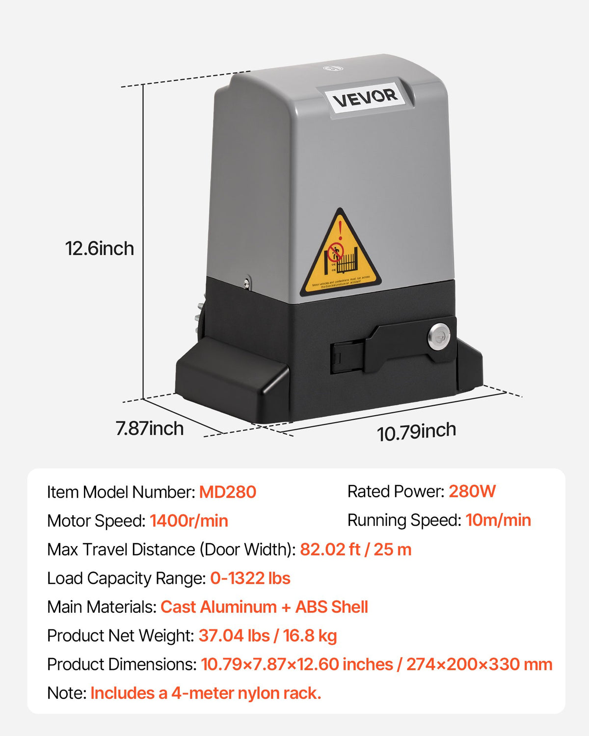 280W Automatic Sliding Gate Opener for Gates up to 25m and 816kg with Remote