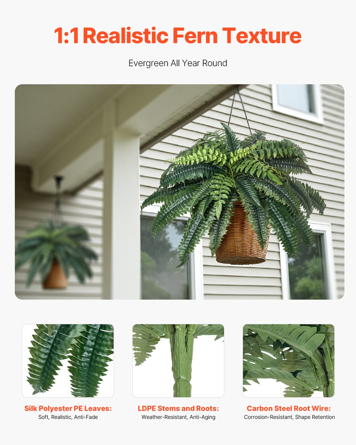Artificial Ferns, 2-Pack 35-39" Large Hanging Faux Boston Ferns with 35 Branches