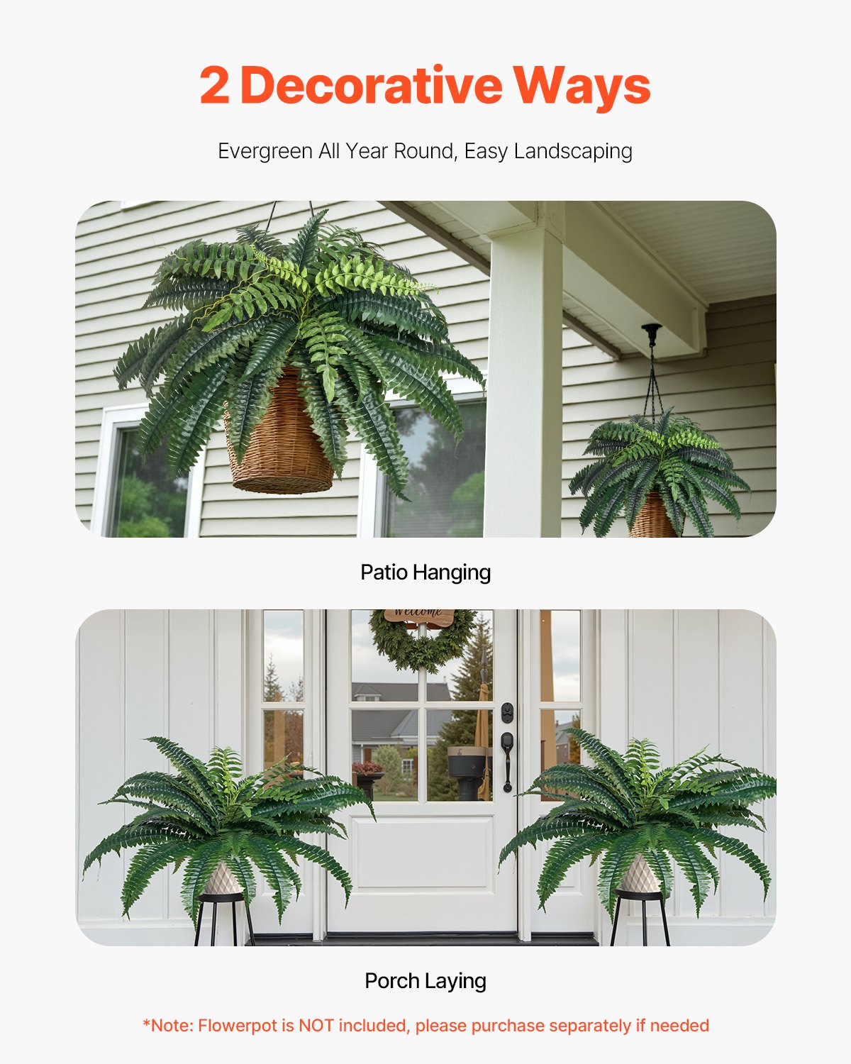 Artificial Ferns, 2-Pack 35-39" Large Hanging Faux Boston Ferns with 35 Branches