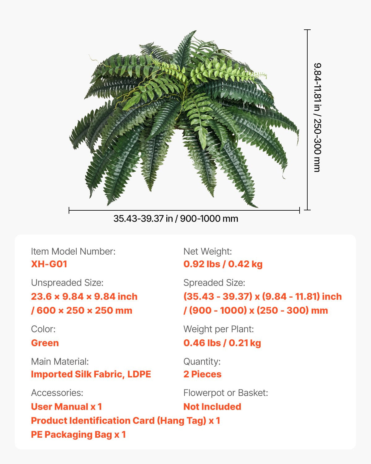 Artificial Ferns, 2-Pack 35-39" Large Hanging Faux Boston Ferns with 35 Branches