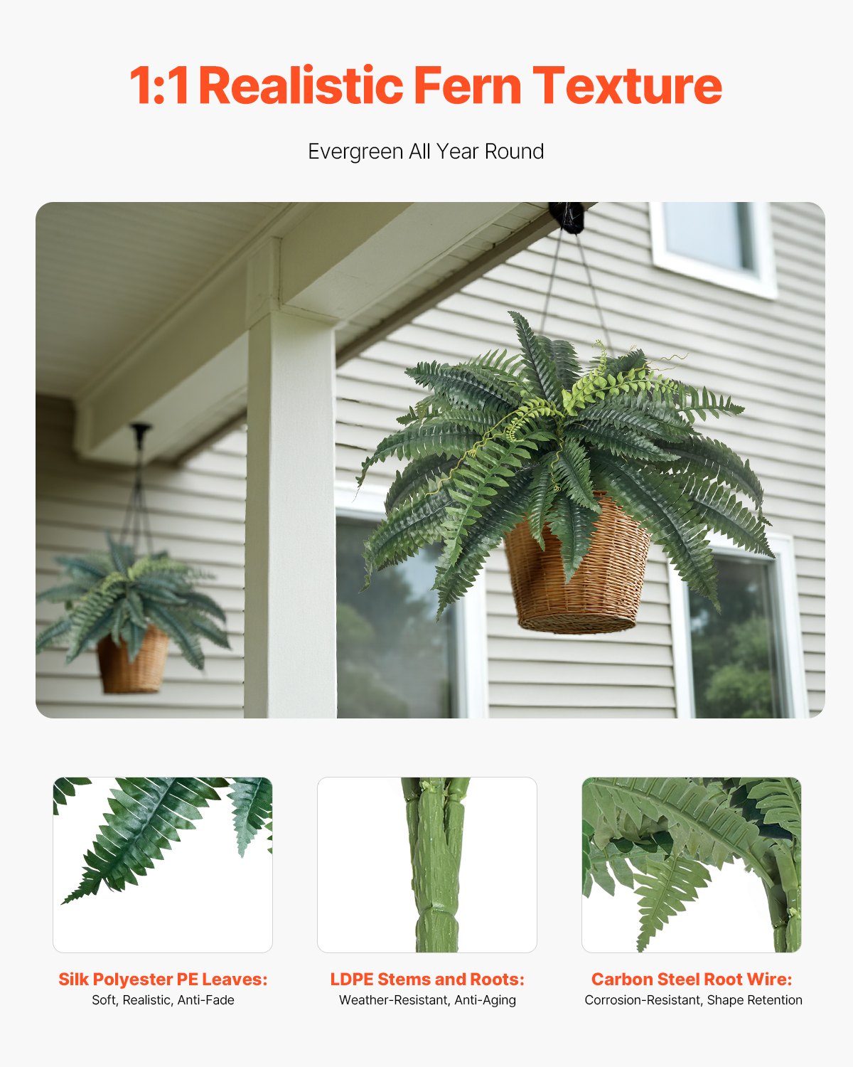 Artificial Ferns, 2-Pack 31-34" Large Hanging Faux Boston Ferns with 30 Branches