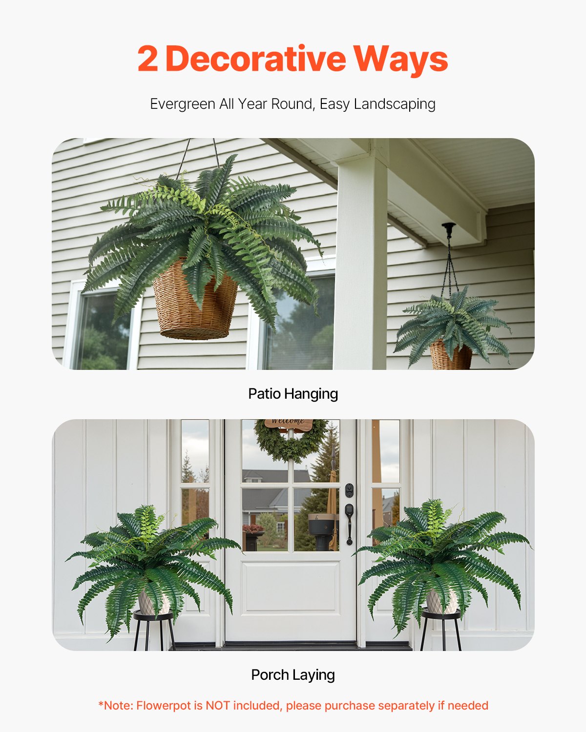 Artificial Ferns, 2-Pack 31-34" Large Hanging Faux Boston Ferns with 30 Branches