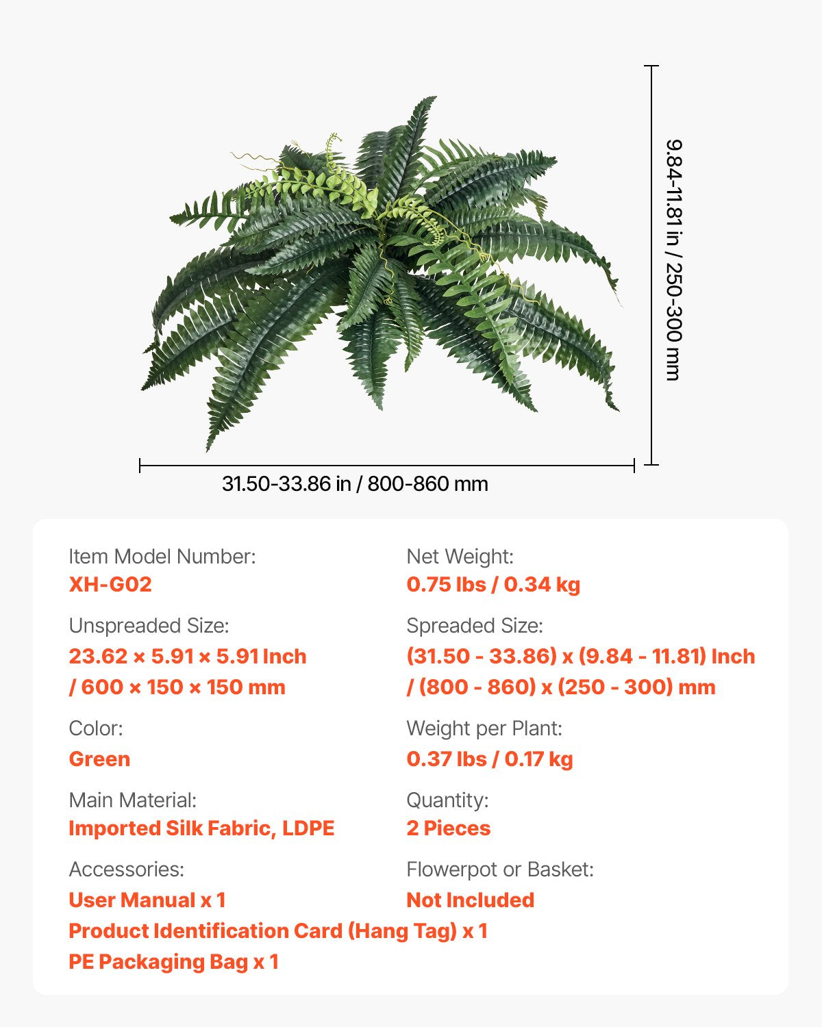 Artificial Ferns, 2-Pack 31-34" Large Hanging Faux Boston Ferns with 30 Branches