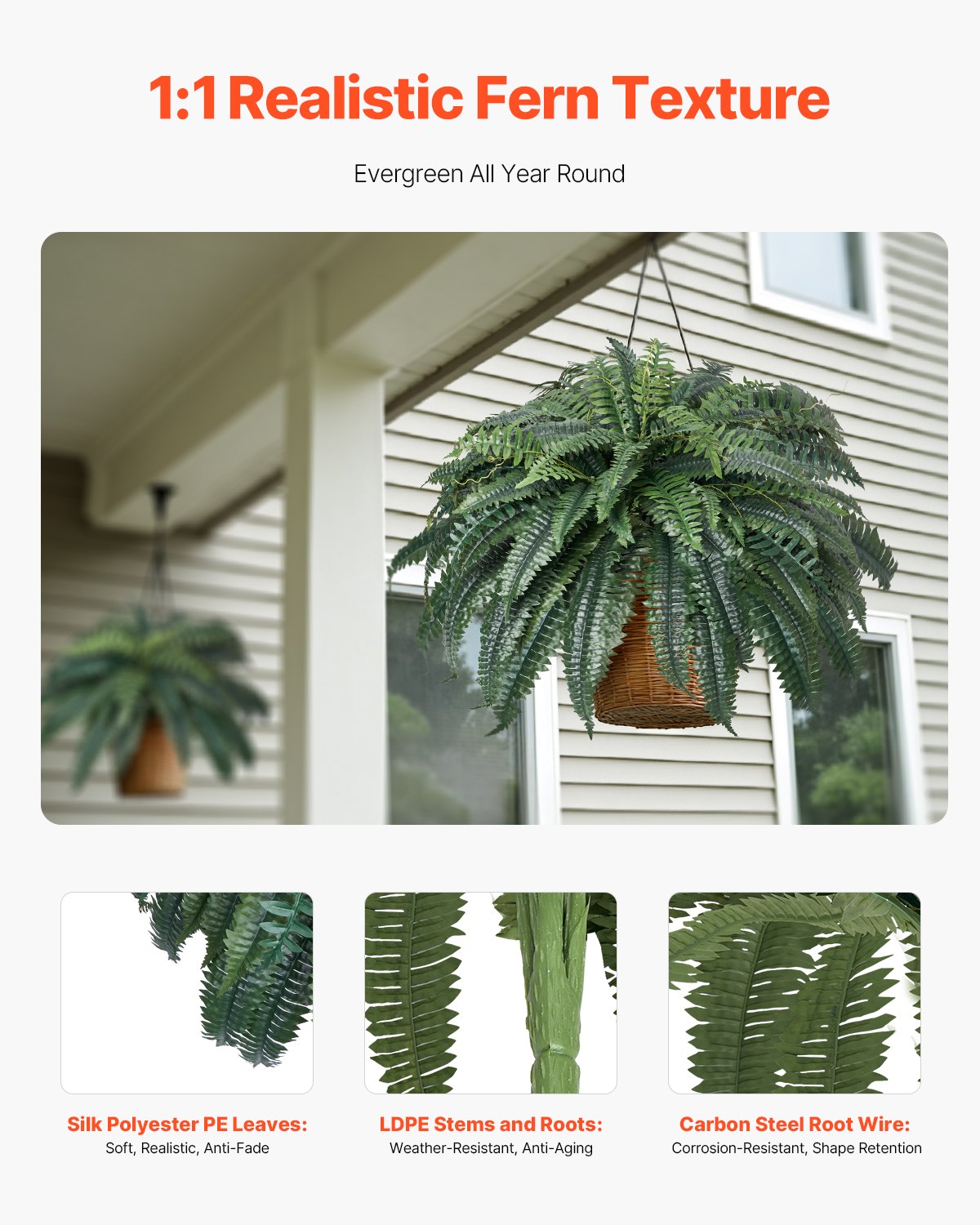 Artificial Ferns 43-47" Large Hanging Faux Boston Ferns 88 Branches Décor