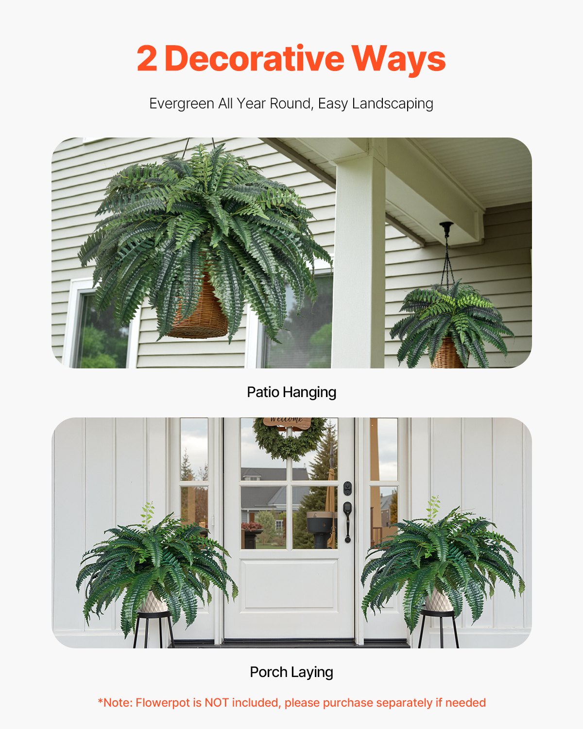 Artificial Ferns 43-47" Large Hanging Faux Boston Ferns 88 Branches Décor