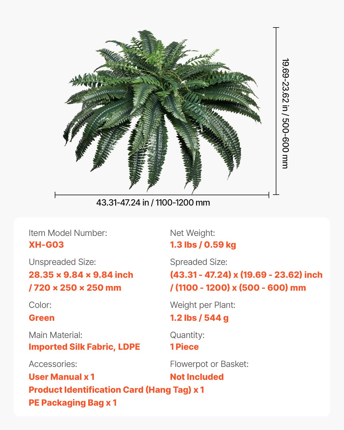 Artificial Ferns 43-47" Large Hanging Faux Boston Ferns 88 Branches Décor
