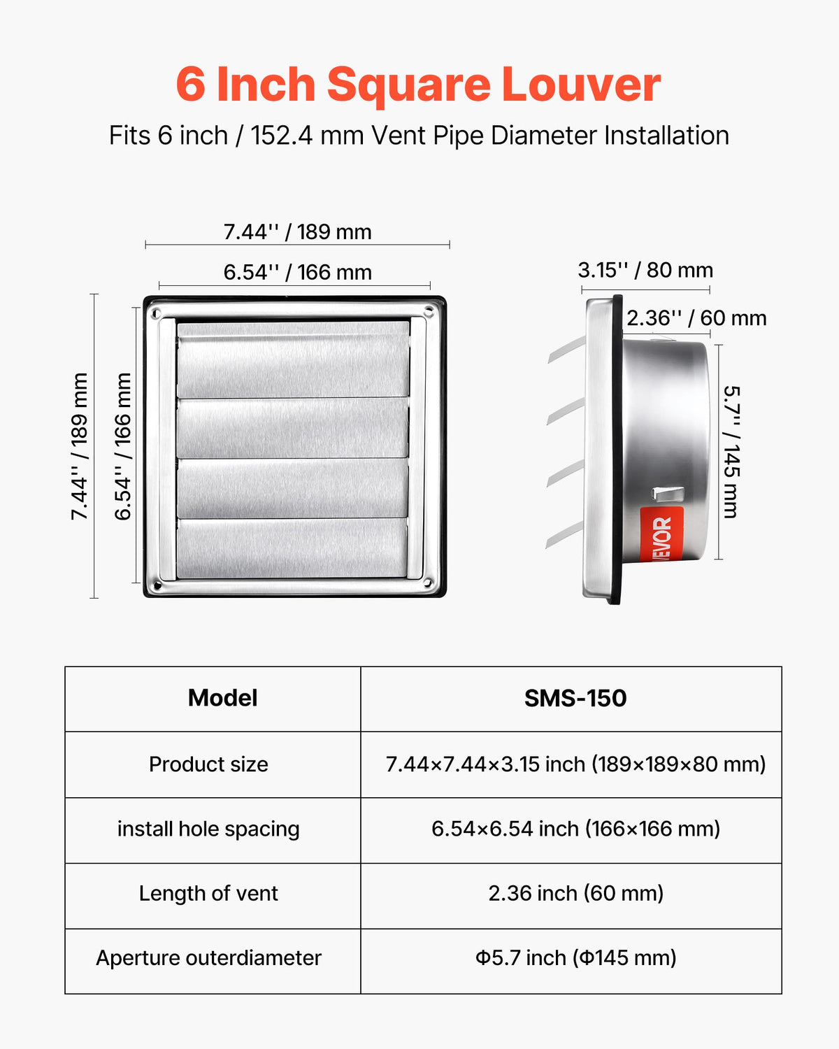 145mm Wall Vent Cover Louvered Square AC Vent Stainless Rubber Gasket 1 Pack