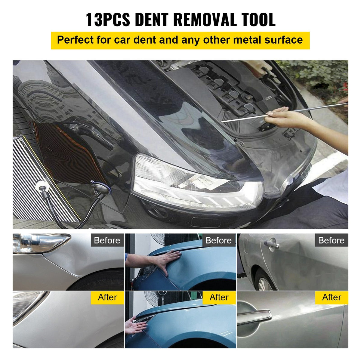 Rods Dent Removal Kit 13PCS Paintless Repair Tools Stainless Steel Tapper Heads