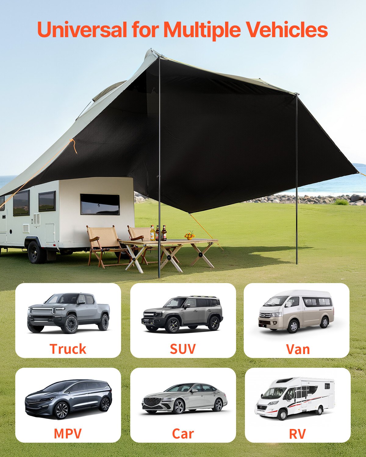 Vehicle Awning 10'x7' Large Car Side Shade with Extended Canopies
