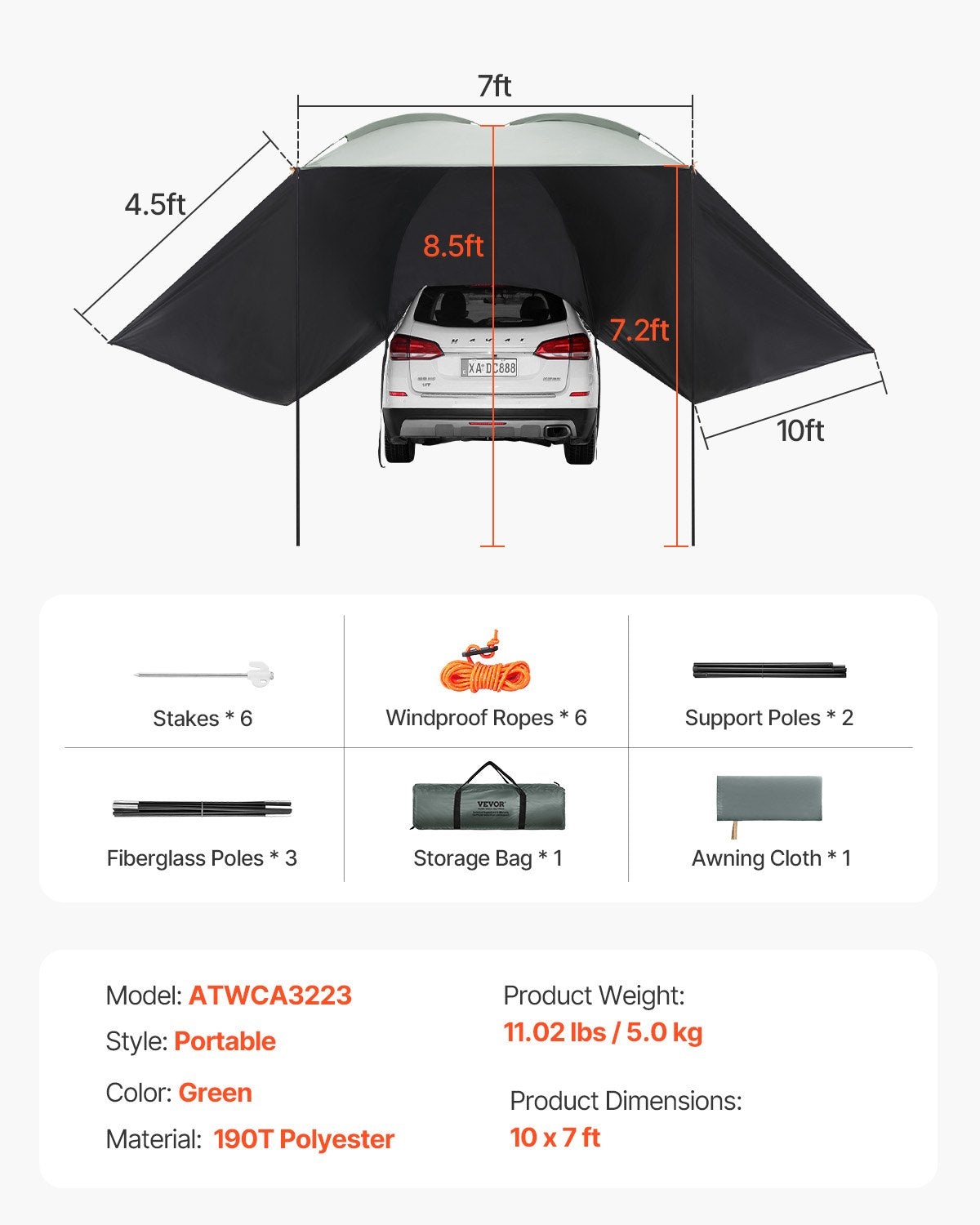 Vehicle Awning 10'x7' Large Car Side Shade with Extended Canopies