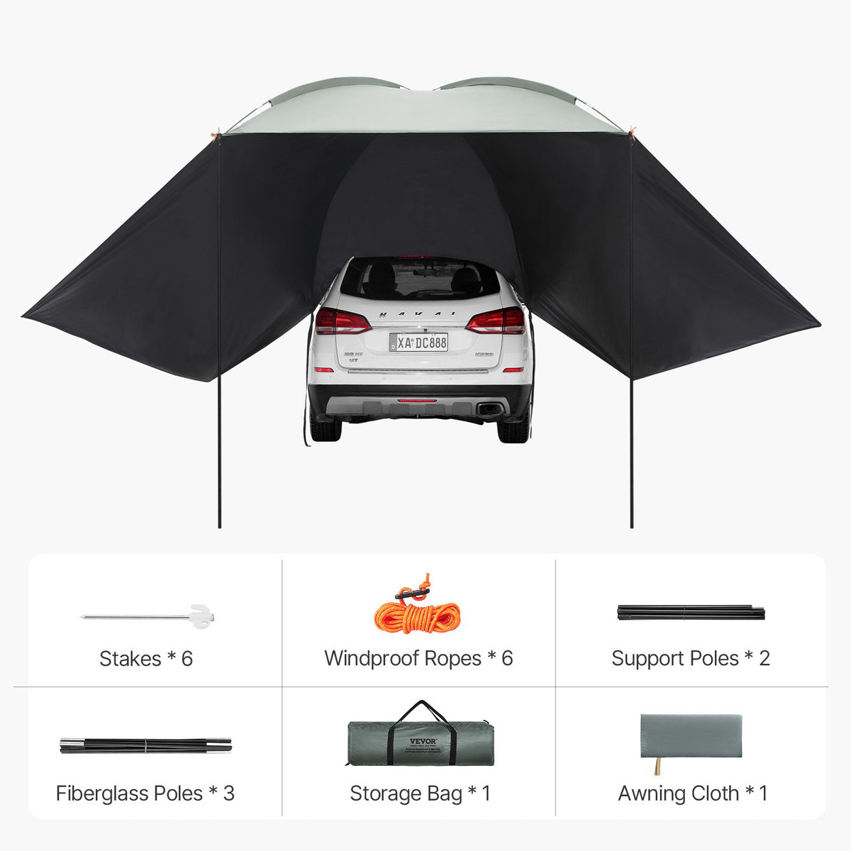 Vehicle Awning 10'x7' Large Car Side Shade with Extended Canopies