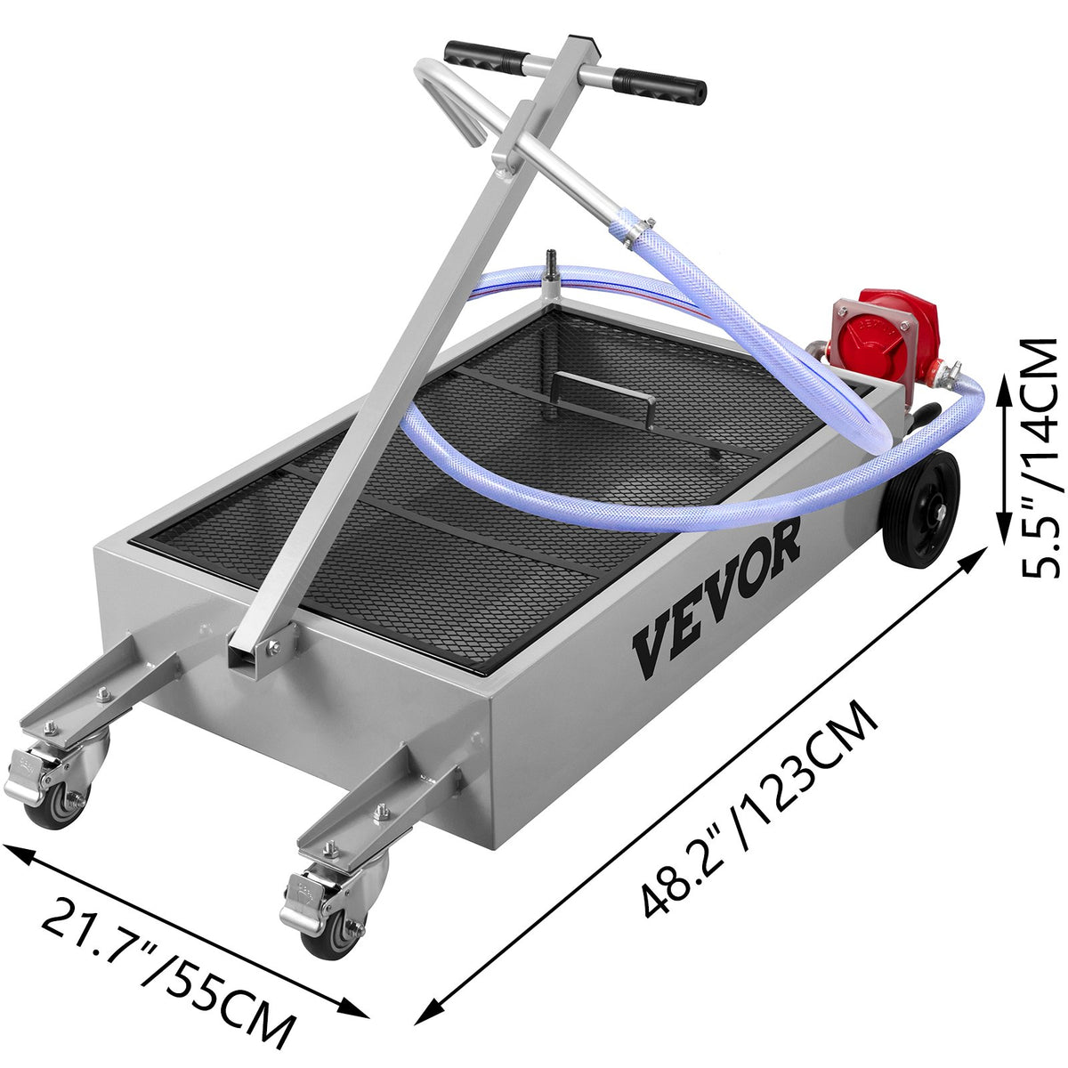 Low Profile Oil Drain Pan Truck Drain Pan 57 L with Pump Hose Casters