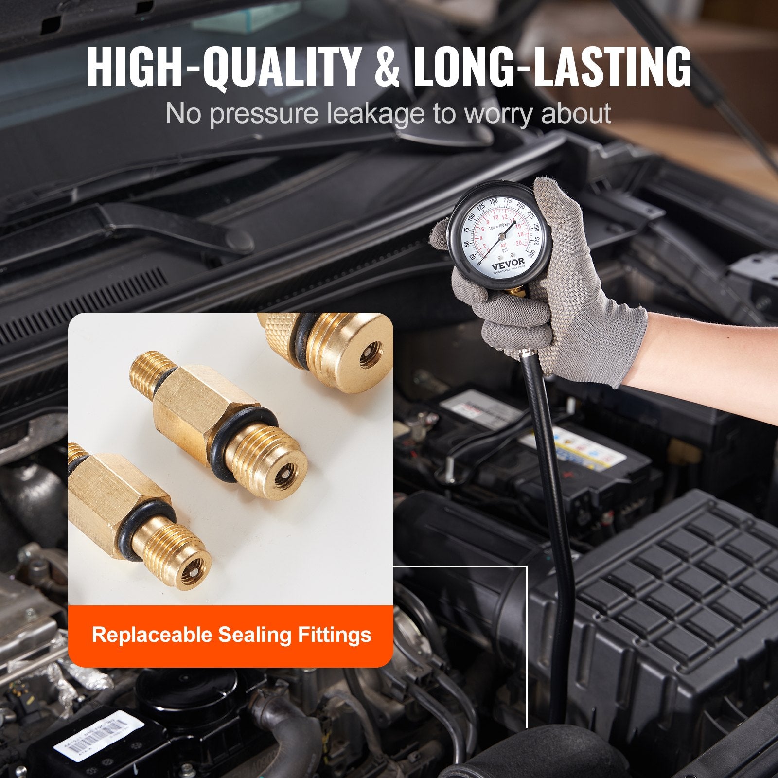 Compression Tester Adapter Kit 9PCS, Dual Scale 0-300 PSI with Hoses & Case