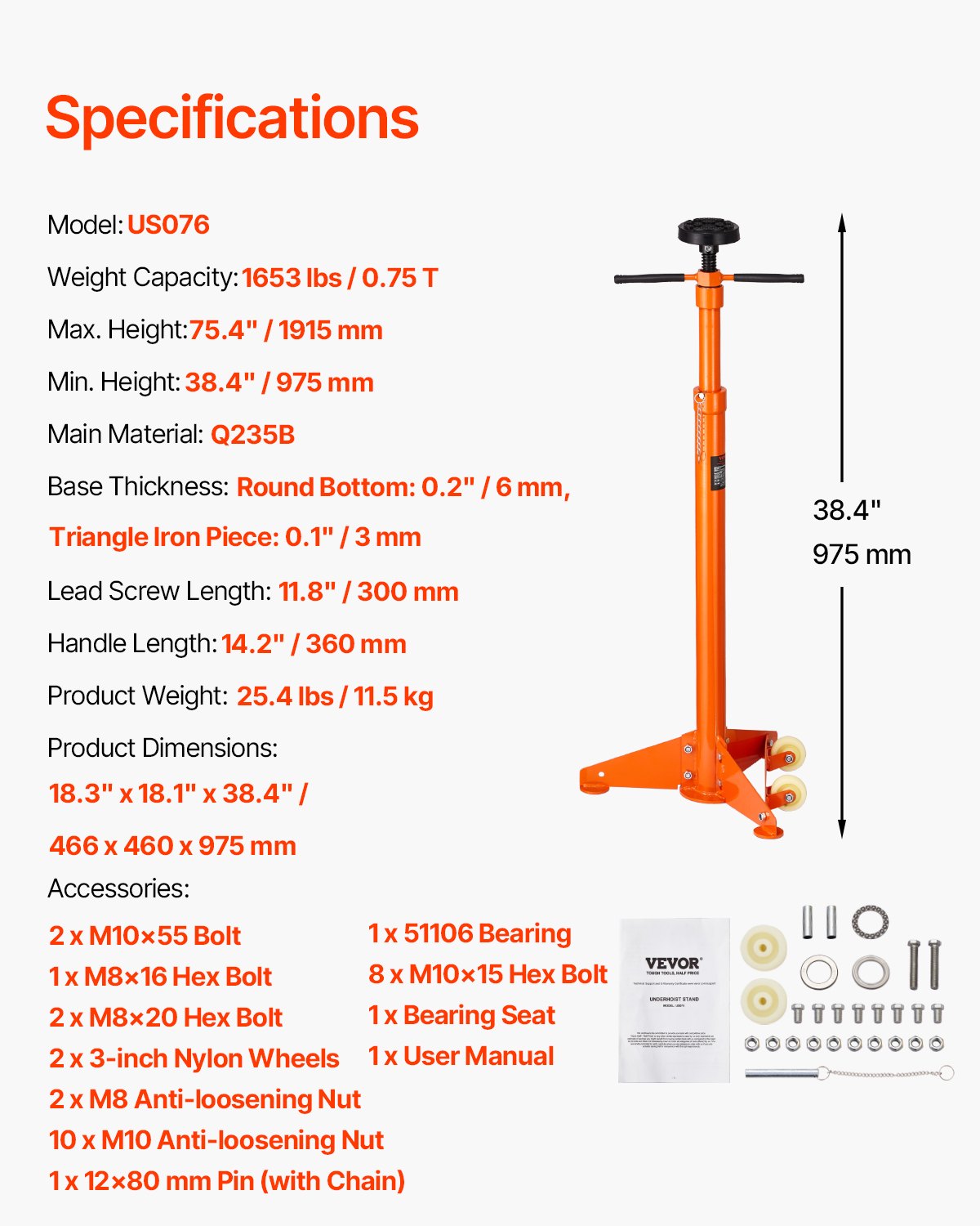 Underhoist Support Stand 3/4 Ton, 38.4–75.4in Lift, Self-Locking, Two Wheels