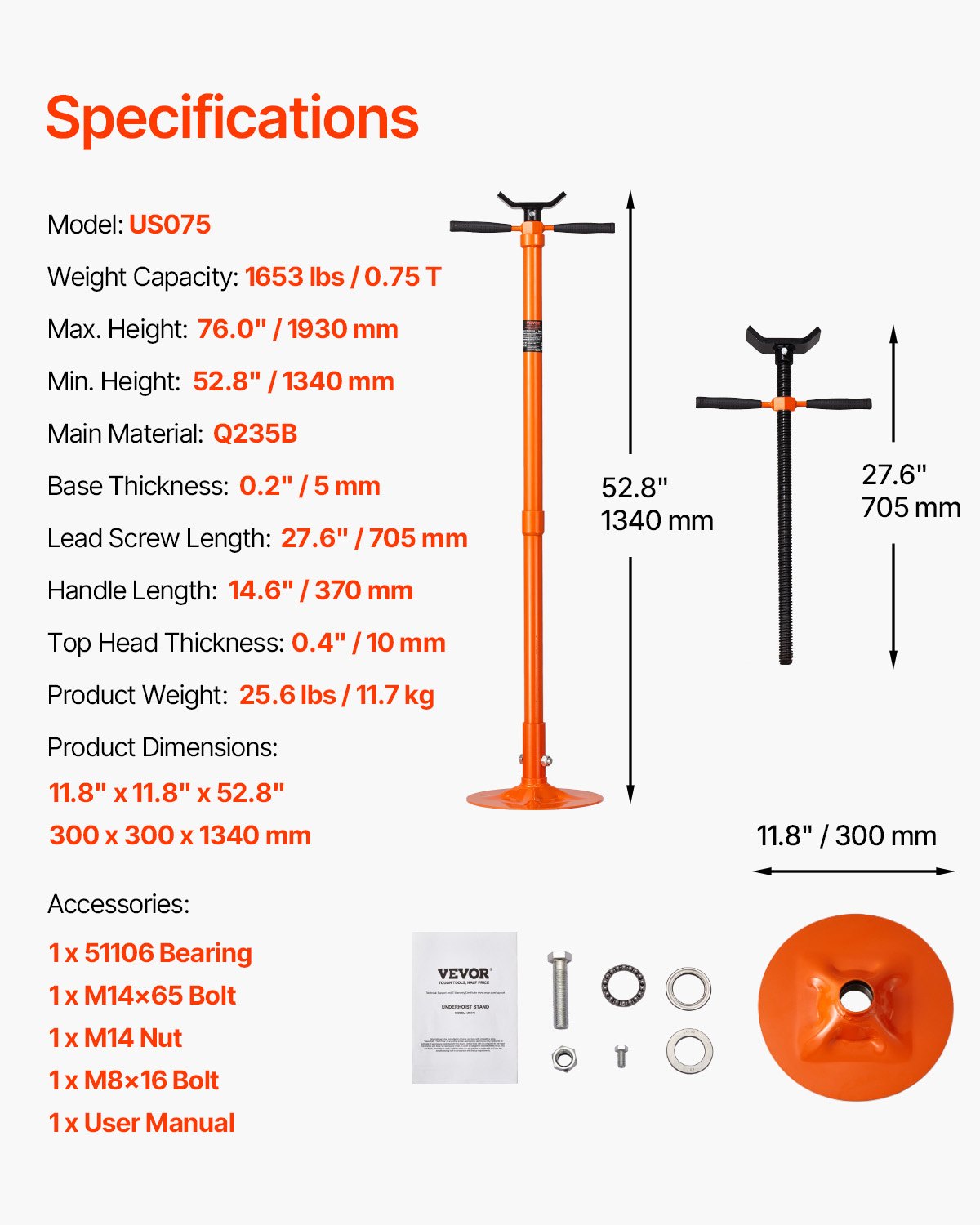 Underhoist Support Stand 3/4 Ton Jack Stand 52.8-76 in Lift Range