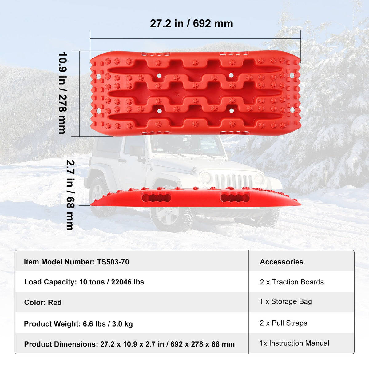10 TON Traction Boards PP Recovery Mats for Off-Road Vehicles Pair Short Red
