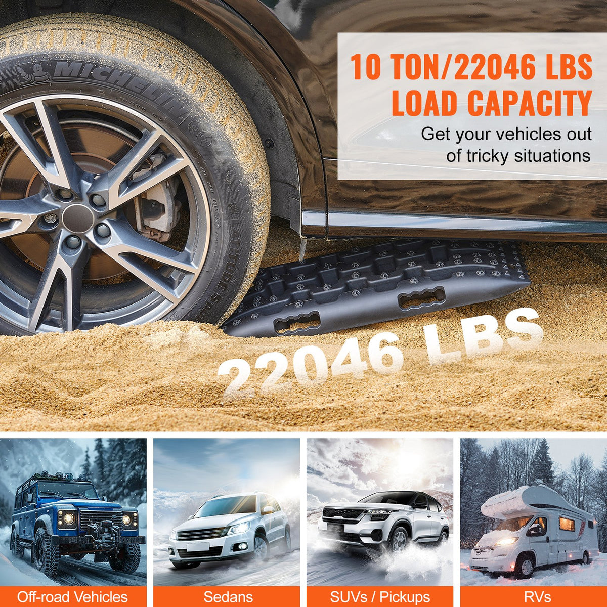 10 TON Traction Boards PP Recovery Mats for Off-Road Vehicles Pair Short Black
