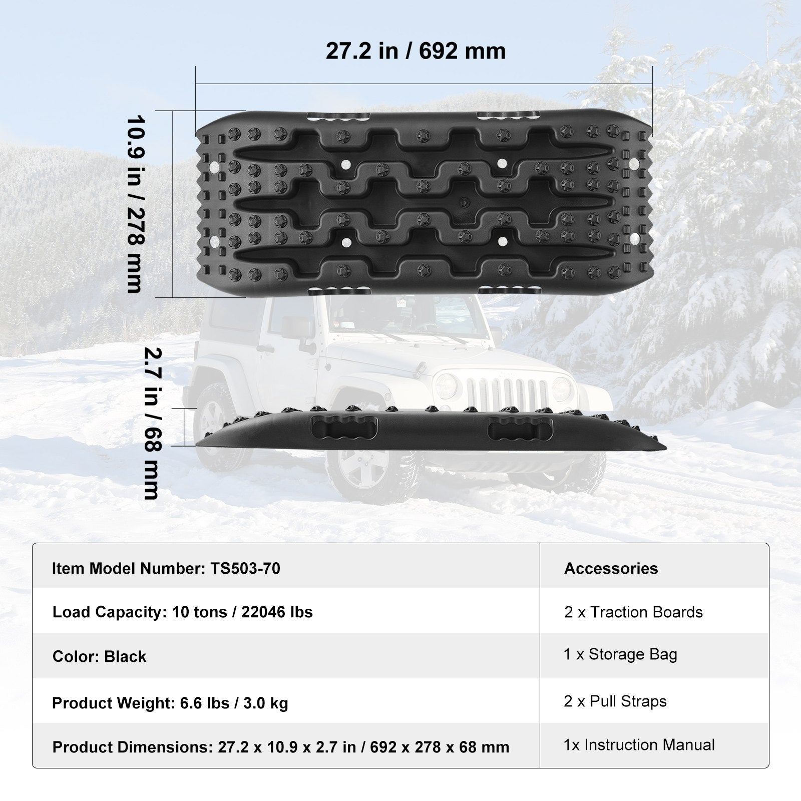 10 TON Traction Boards PP Recovery Mats for Off-Road Vehicles Pair Short Black