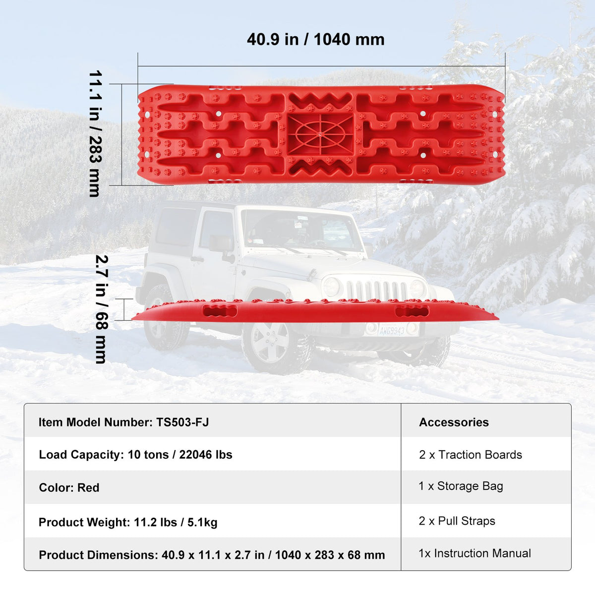 10 TON Traction Boards PP Recovery Mats for Off-Road Vehicles Pair Long Red