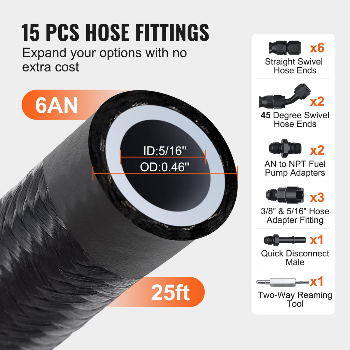 6AN Fuel Line Kit 25ft Nylon Stainless Steel Braided PTFE Hose with 15 Fittings