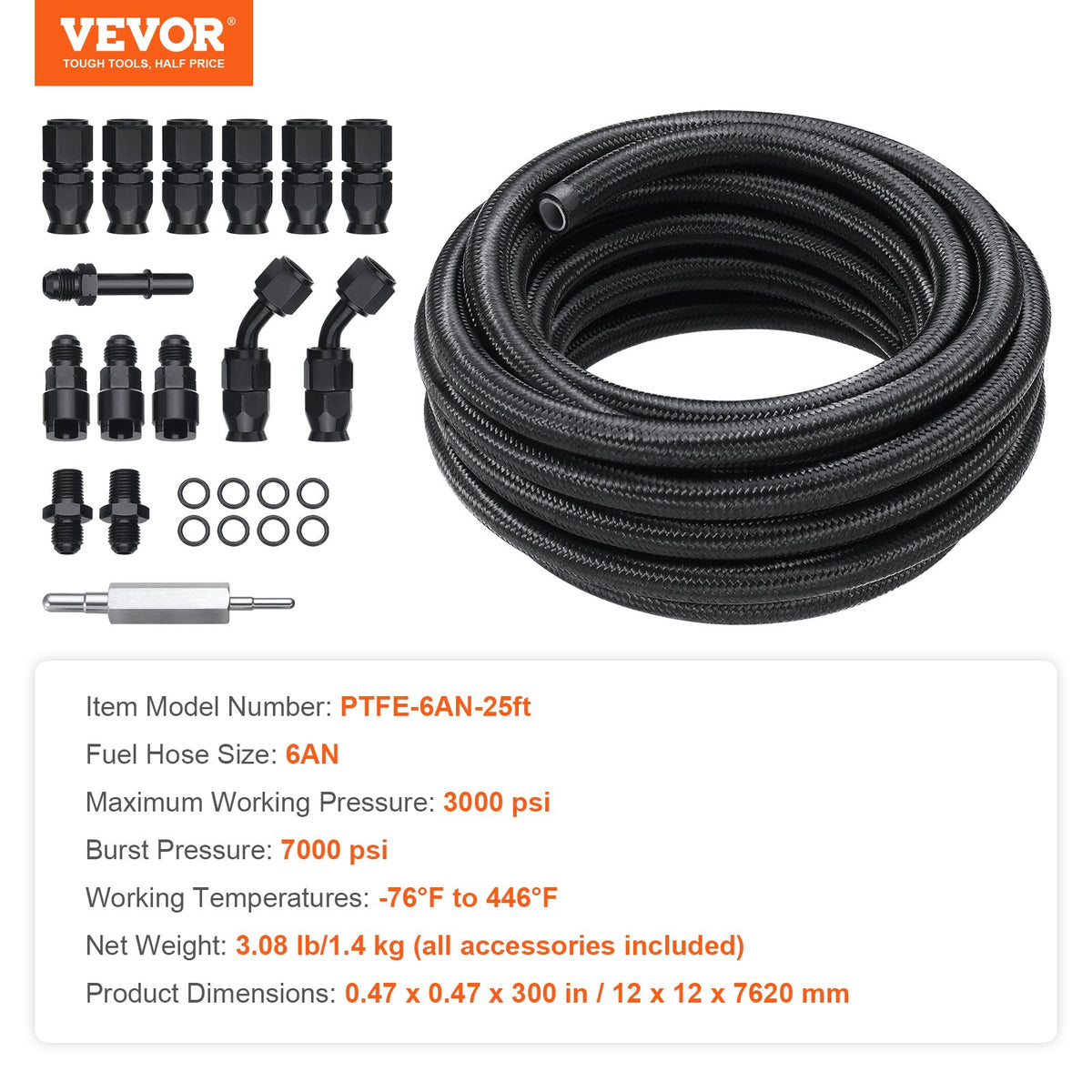 6AN Fuel Line Kit 25ft Nylon Stainless Steel Braided PTFE Hose with 15 Fittings