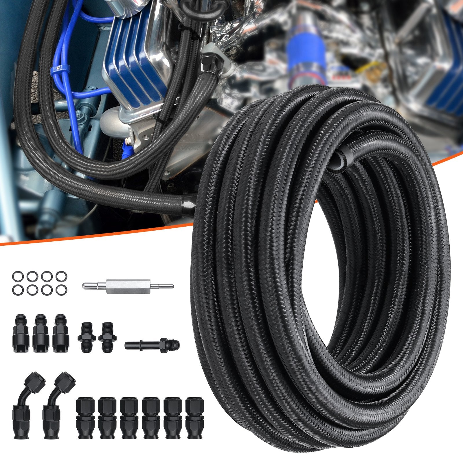 6AN Fuel Line Kit 25ft Nylon Stainless Steel Braided PTFE Hose with 15 Fittings
