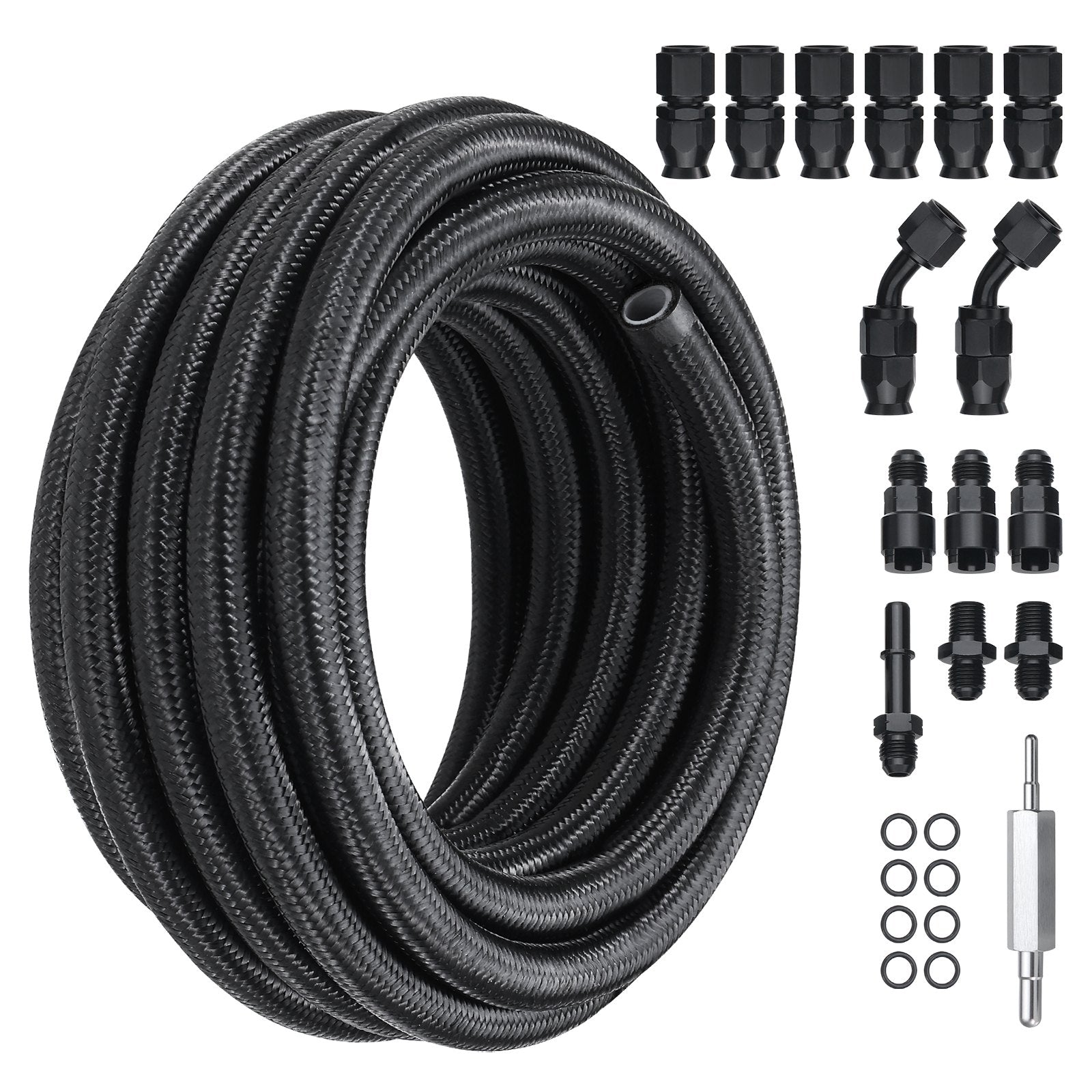 6AN Fuel Line Kit 25ft Nylon Stainless Steel Braided PTFE Hose with 15 Fittings