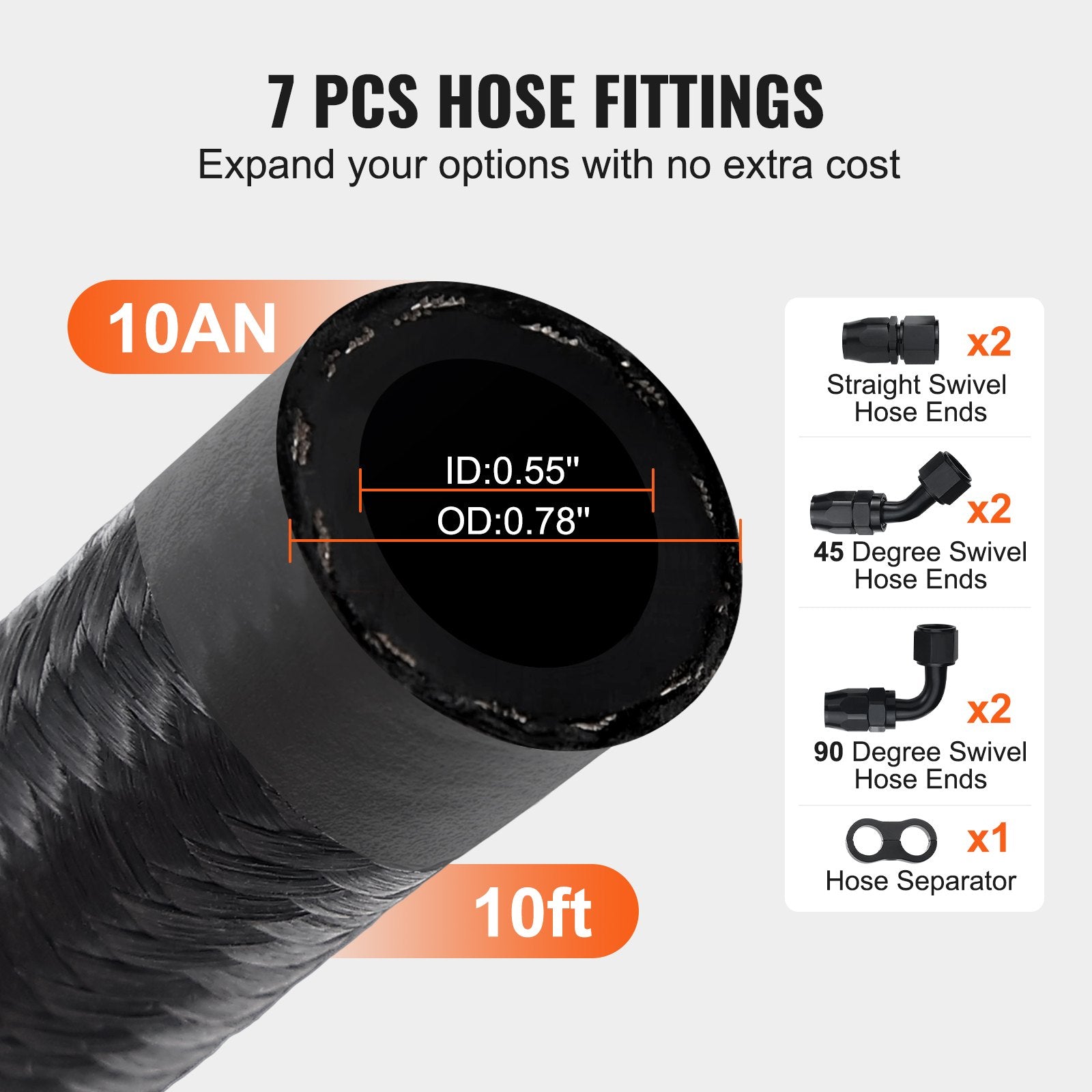 Fuel Line Kit, 10AN Nylon Stainless Steel Braided with 7 Swivel Fittings 3.05m