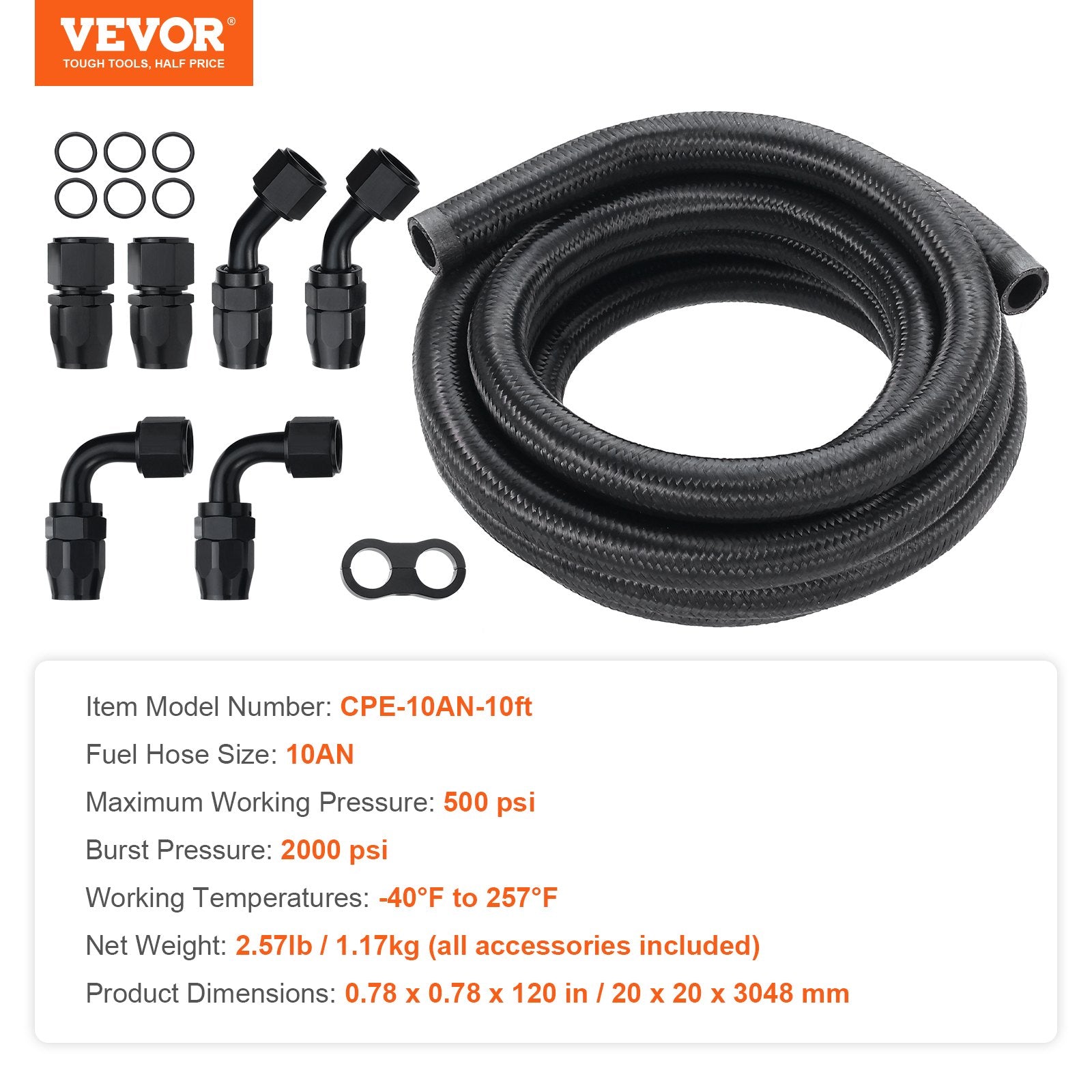 Fuel Line Kit, 10AN Nylon Stainless Steel Braided with 7 Swivel Fittings 3.05m