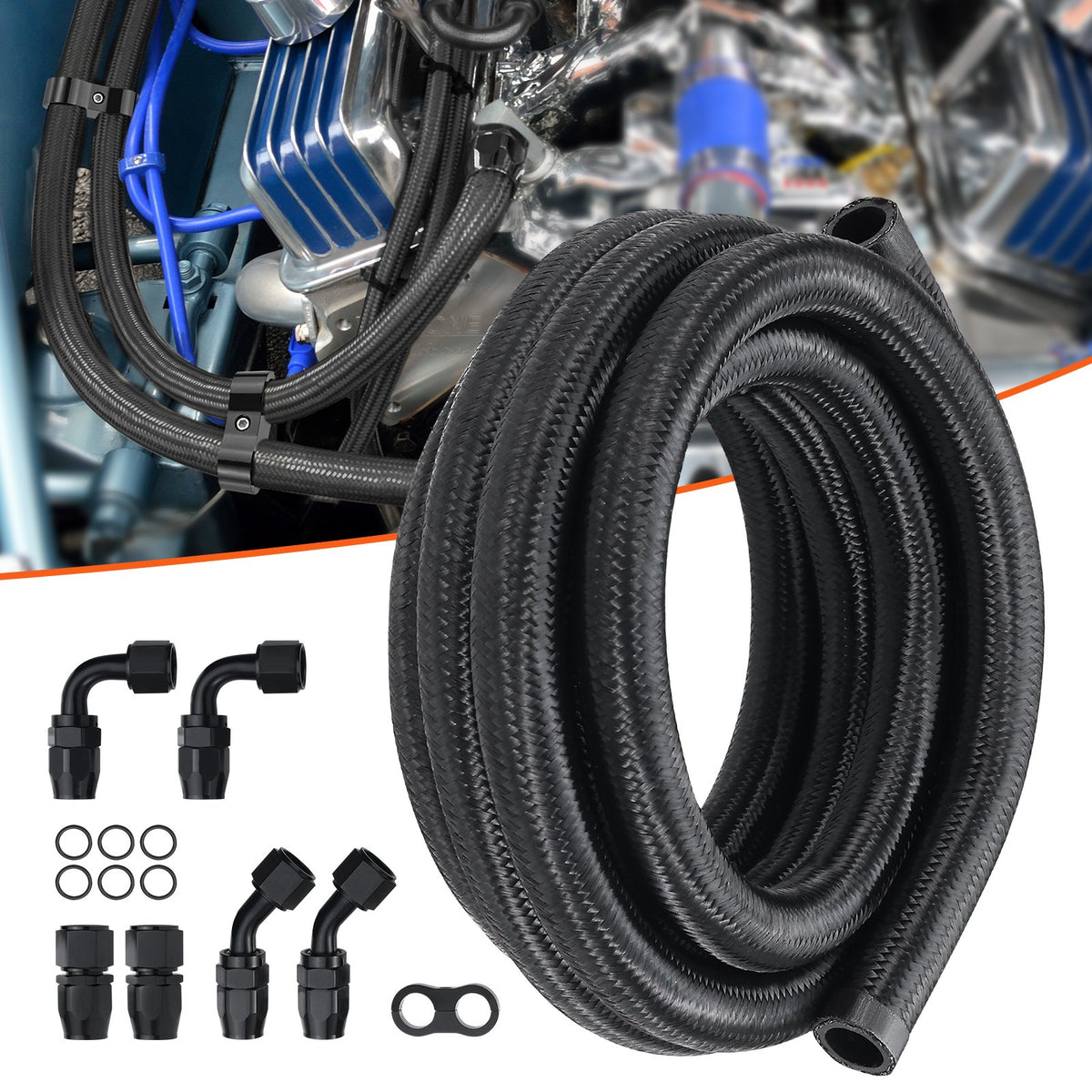 Fuel Line Kit, 10AN Nylon Stainless Steel Braided with 7 Swivel Fittings 3.05m