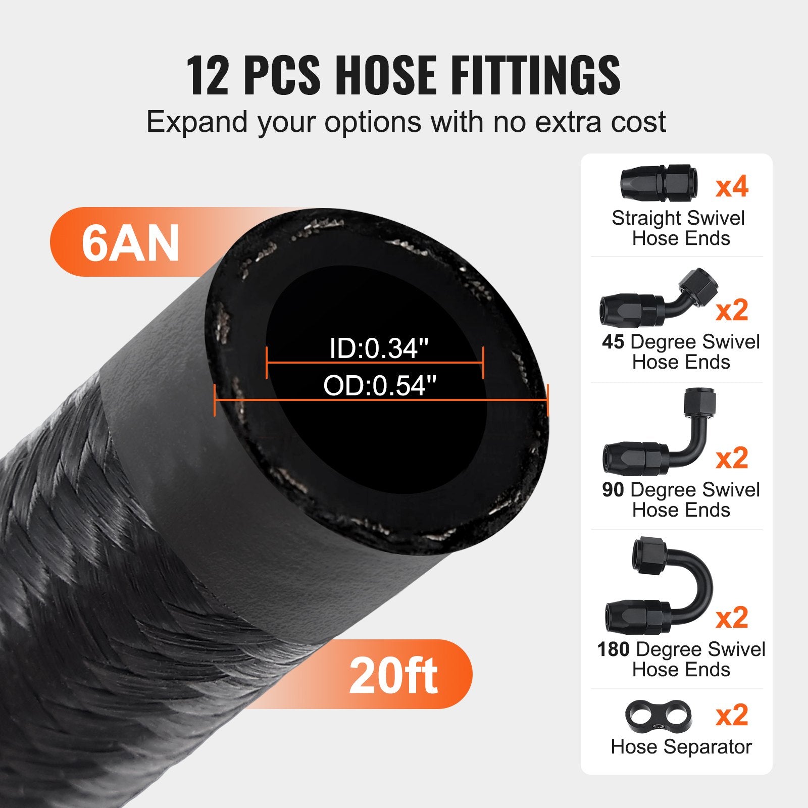 Fuel Line Kit, 6AN Nylon Stainless Steel Braided with 12 Swivel Fittings 6.1m