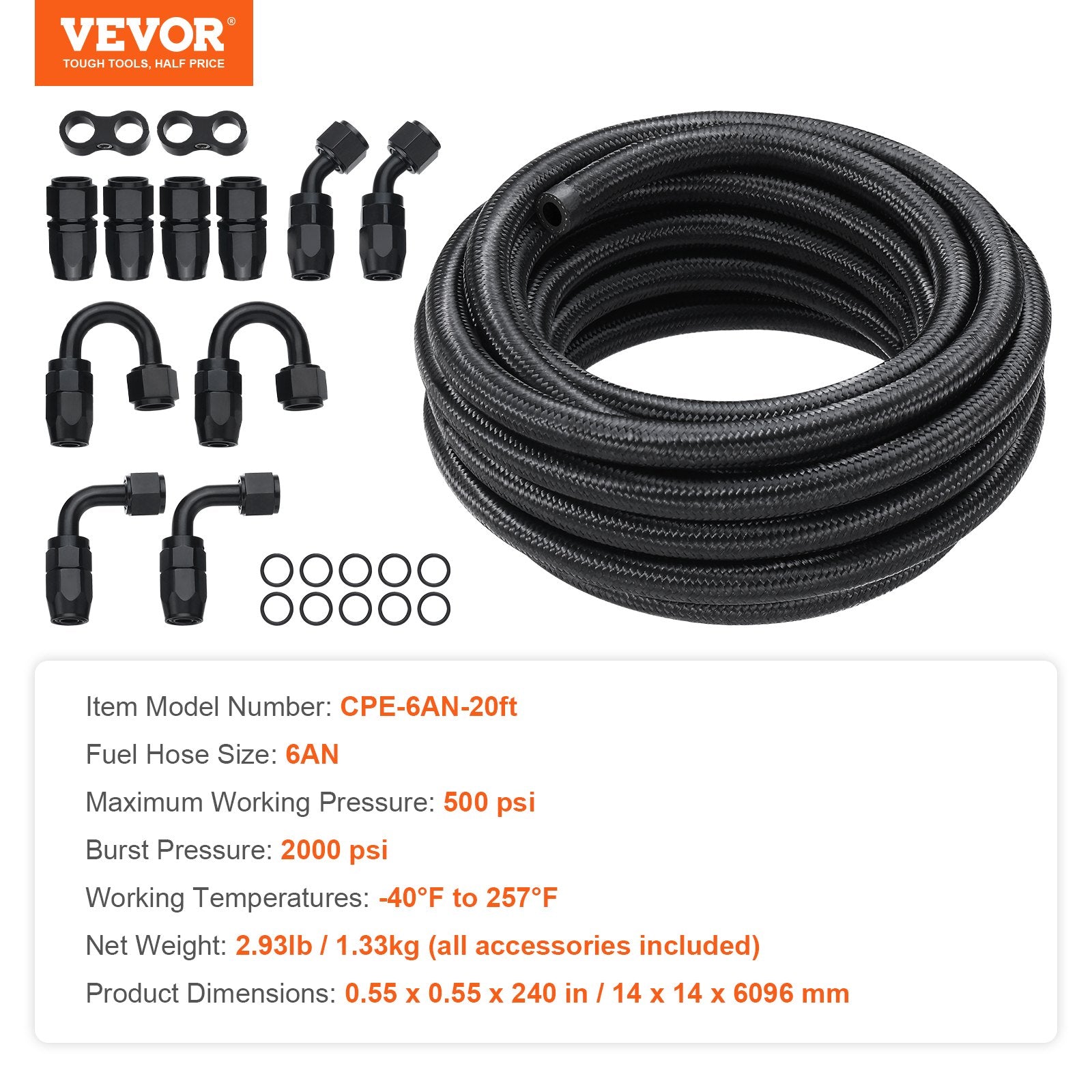 Fuel Line Kit, 6AN Nylon Stainless Steel Braided with 12 Swivel Fittings 6.1m