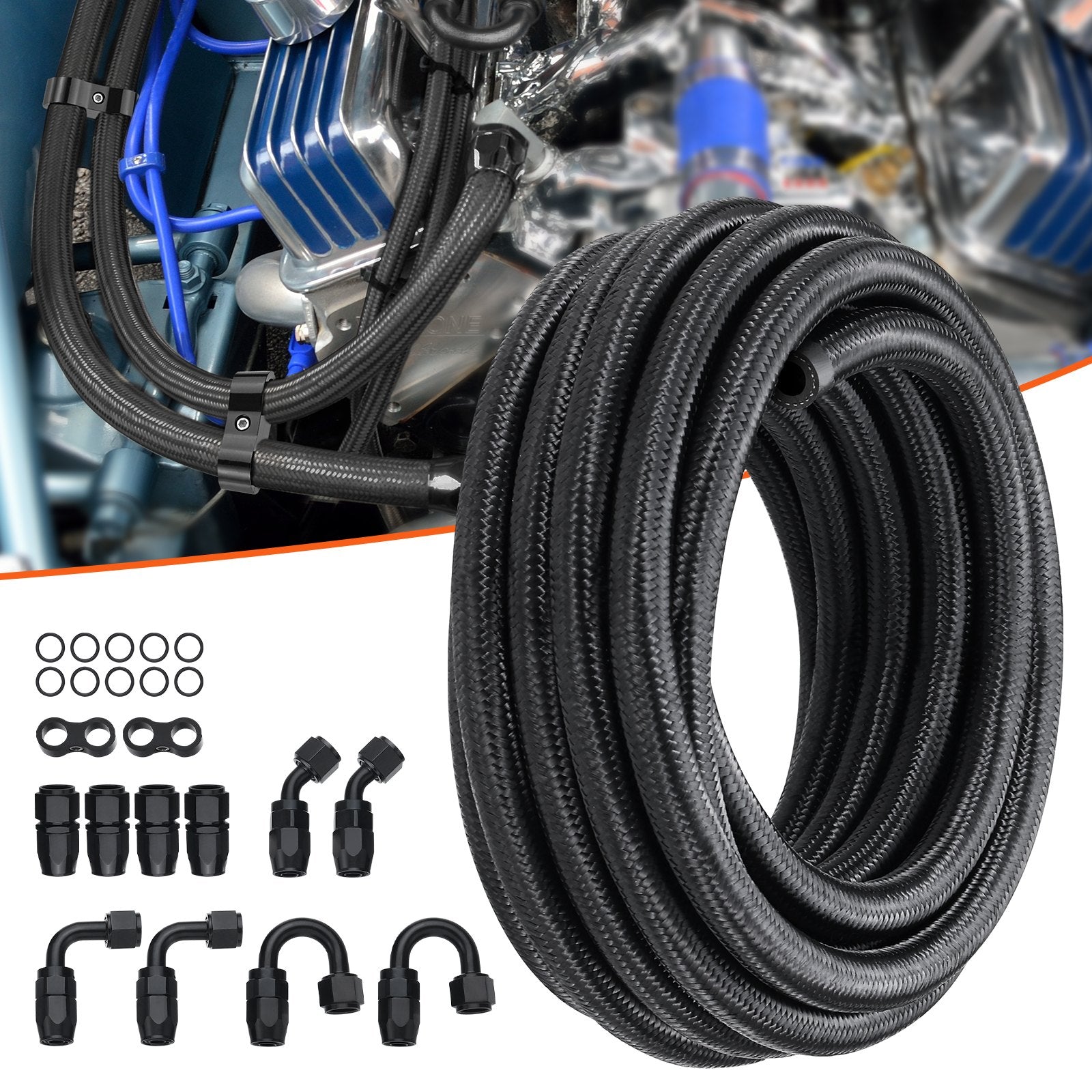 Fuel Line Kit, 6AN Nylon Stainless Steel Braided with 12 Swivel Fittings 6.1m