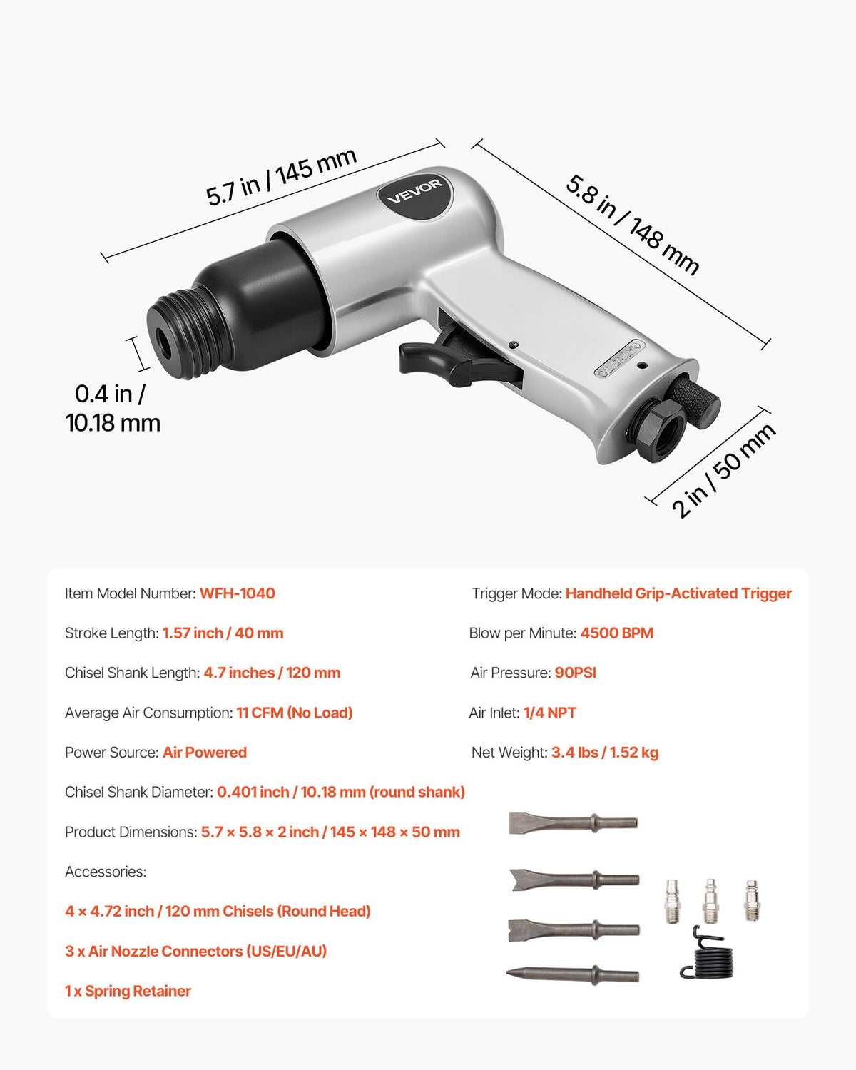 Air Hammer Pneumatic Chisel Tool 40–70mm Stroke Cutting Scraping Kit