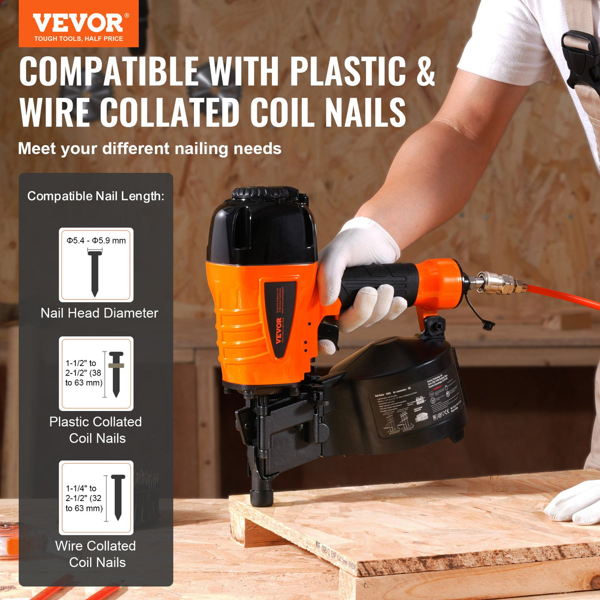 Coil Siding Nailer CN65 32-63mm 15° Nail Gun Tool-Less Depth 70-120PSI
