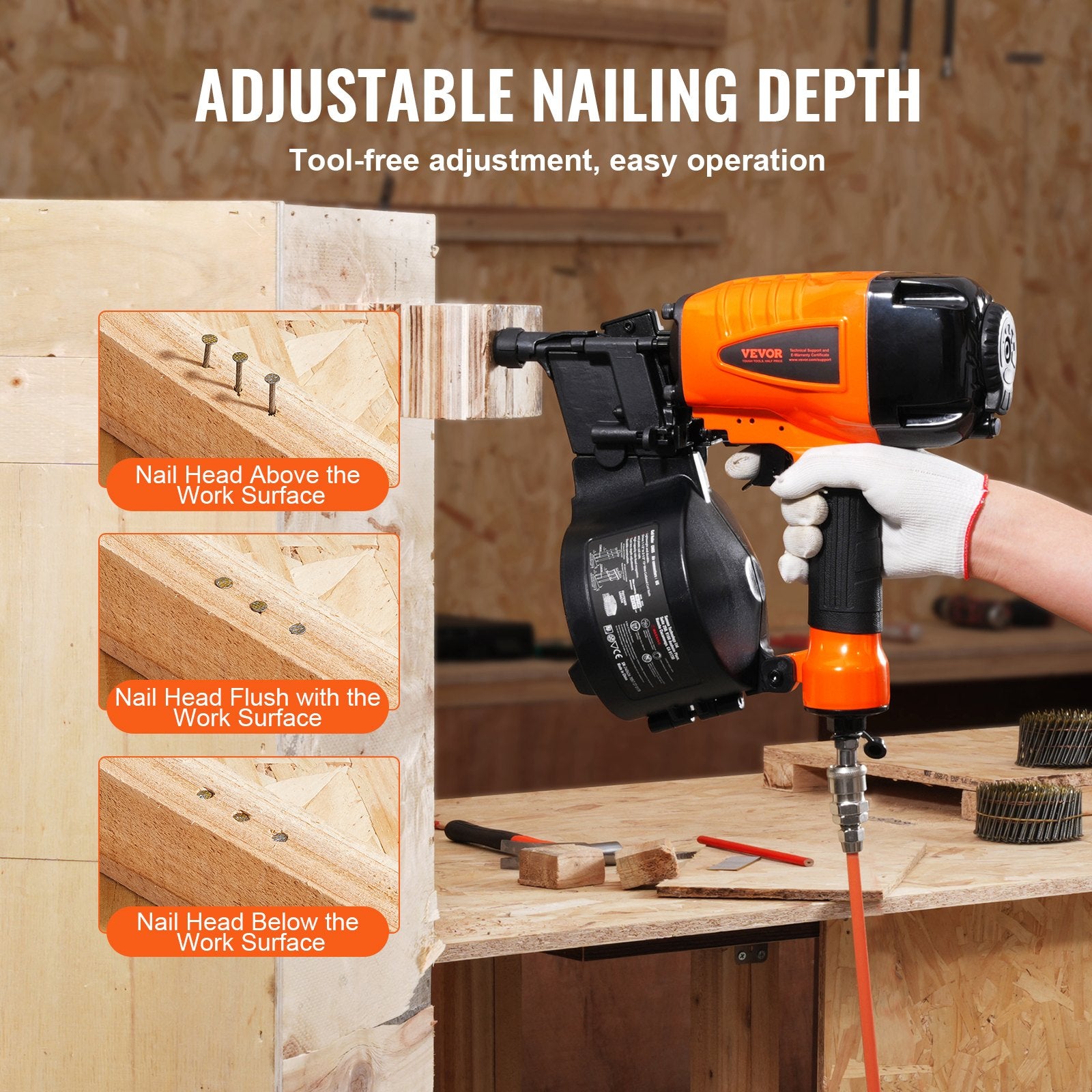 Coil Siding Nailer CN65 32-63mm 15° Nail Gun Tool-Less Depth 70-120PSI
