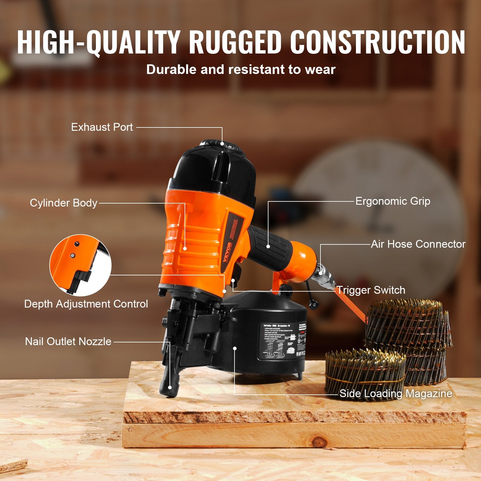 Coil Siding Nailer CN65 32-63mm 15° Nail Gun Tool-Less Depth 70-120PSI