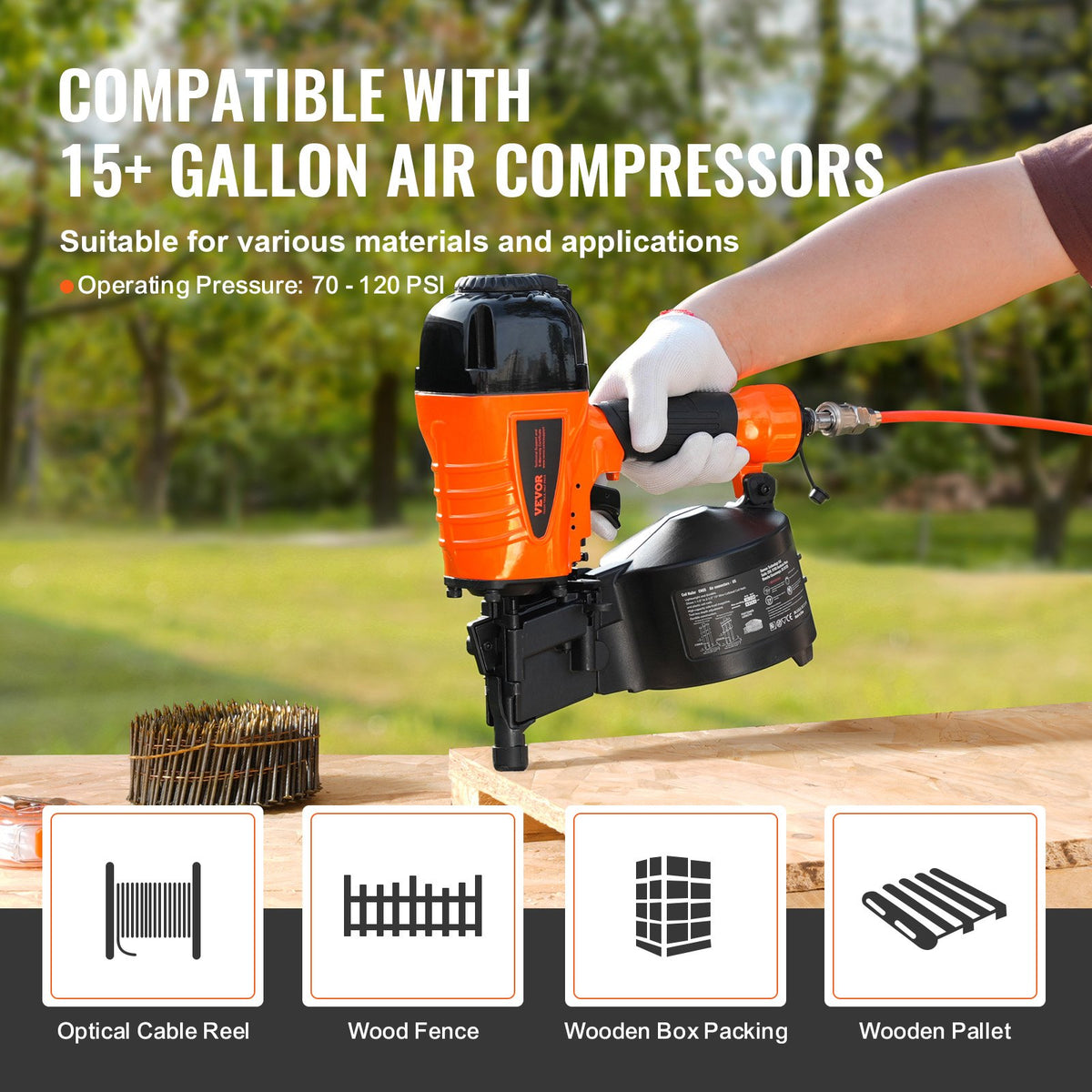 Coil Siding Nailer CN65 32-63mm 15° Nail Gun Tool-Less Depth 70-120PSI