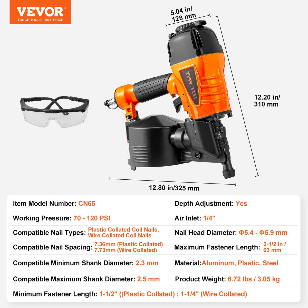 Coil Siding Nailer CN65 32-63mm 15° Nail Gun Tool-Less Depth 70-120PSI