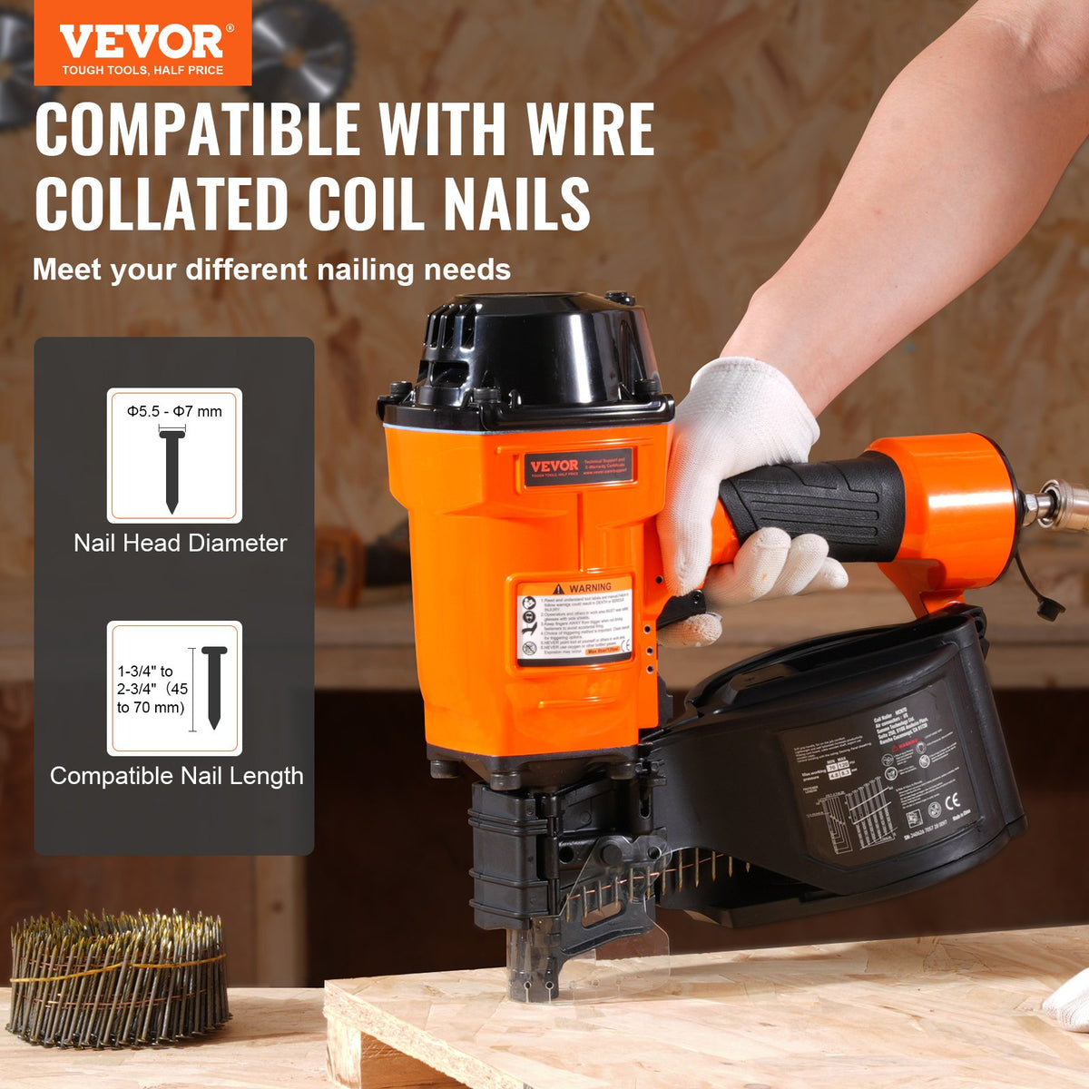 MCN70 Coil Siding Nailer 45-70mm 15° Pneumatic Nail Gun 70-120PSI for Framing