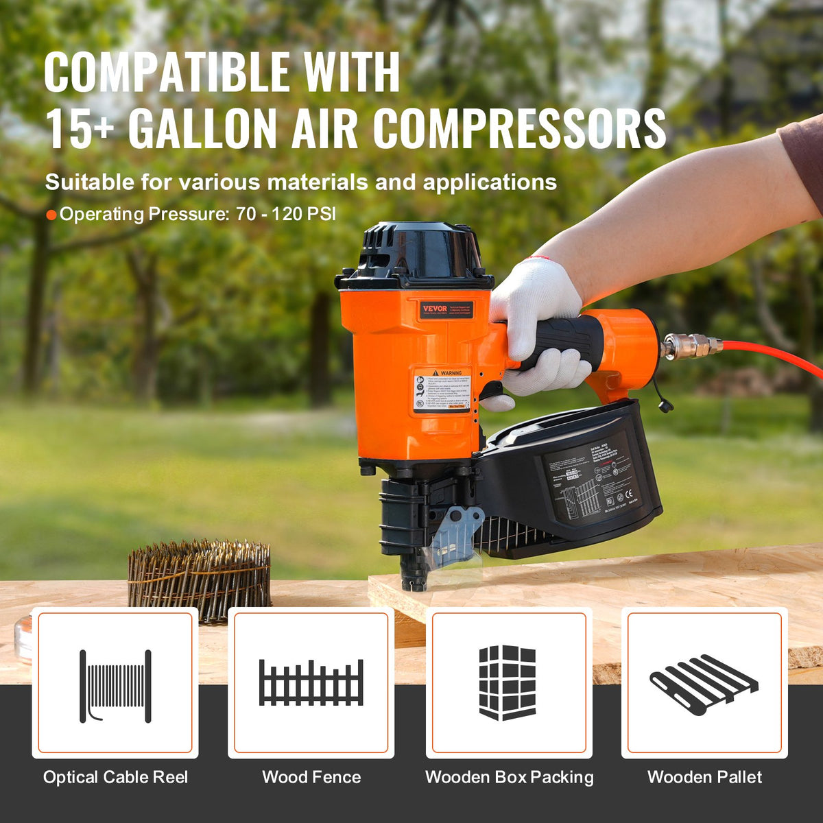 MCN70 Coil Siding Nailer 45-70mm 15° Pneumatic Nail Gun 70-120PSI for Framing
