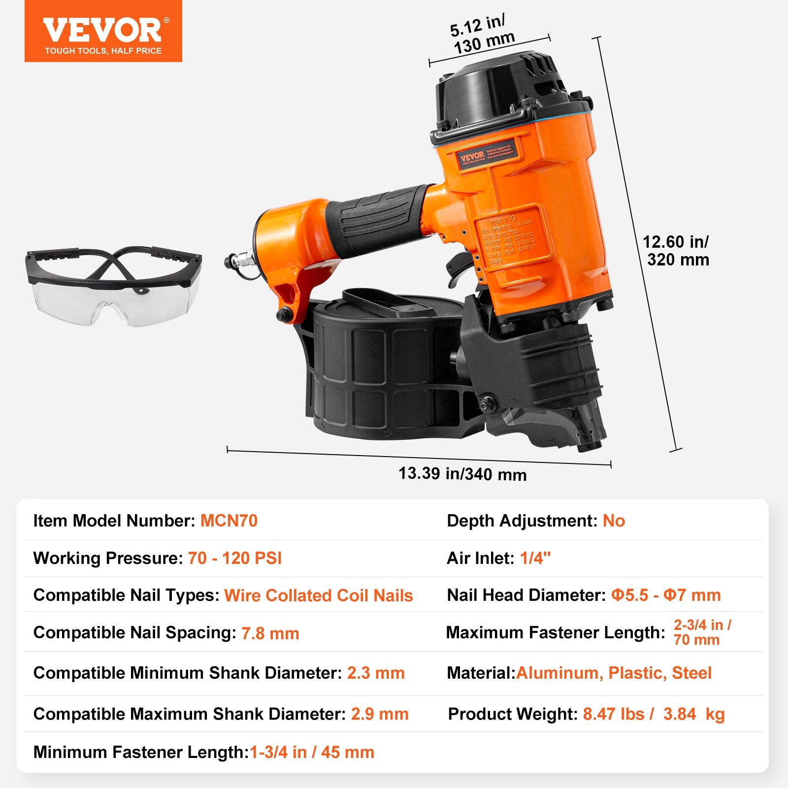 MCN70 Coil Siding Nailer 45-70mm 15° Pneumatic Nail Gun 70-120PSI for Framing